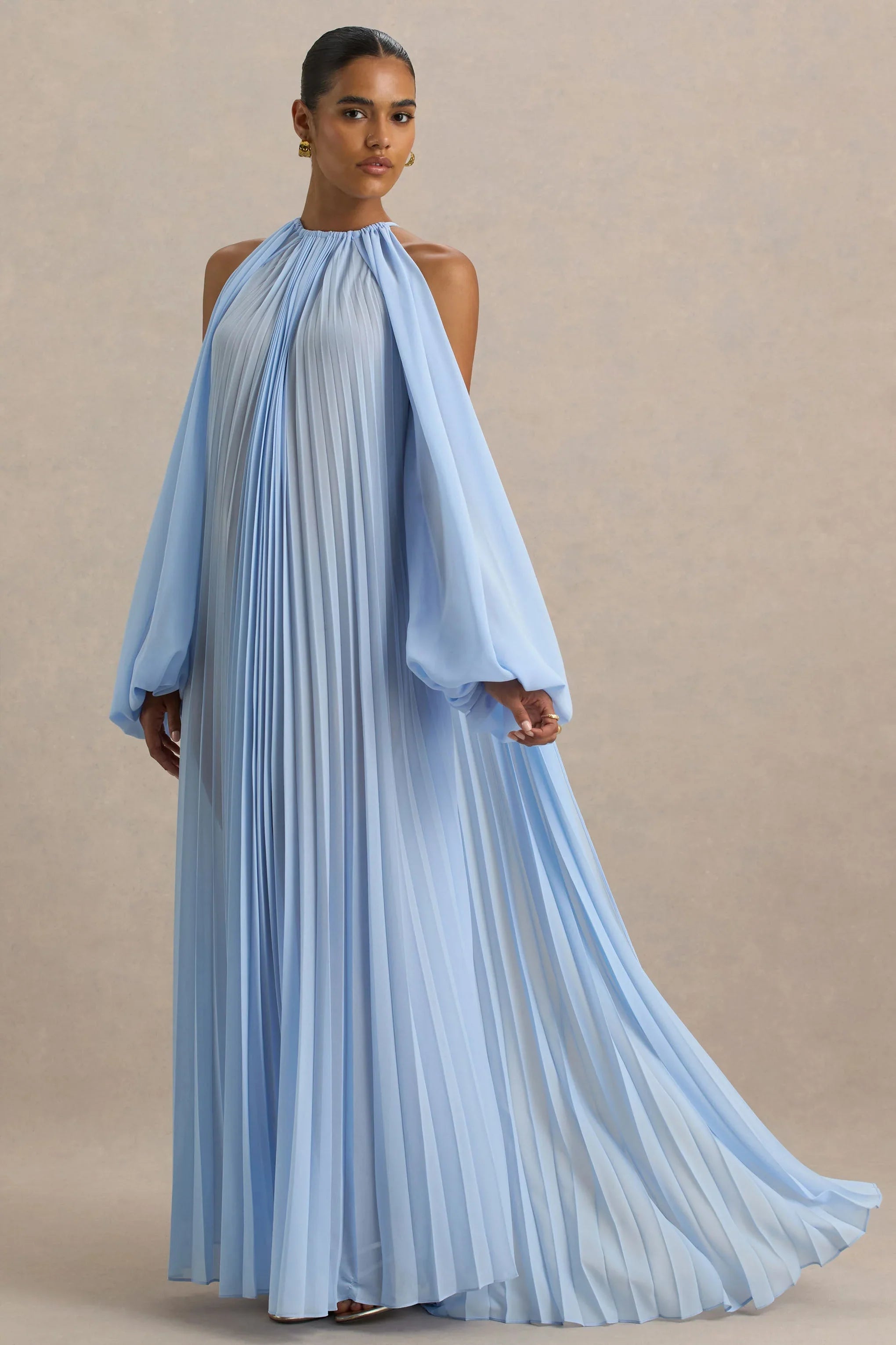 Reyna Powder Blue Pleated Chiffon Cold Shoulder Maxi Dress