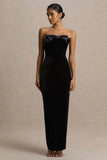 Illusion Black Velvet Bandeau Maxi Dress With Bow Detail