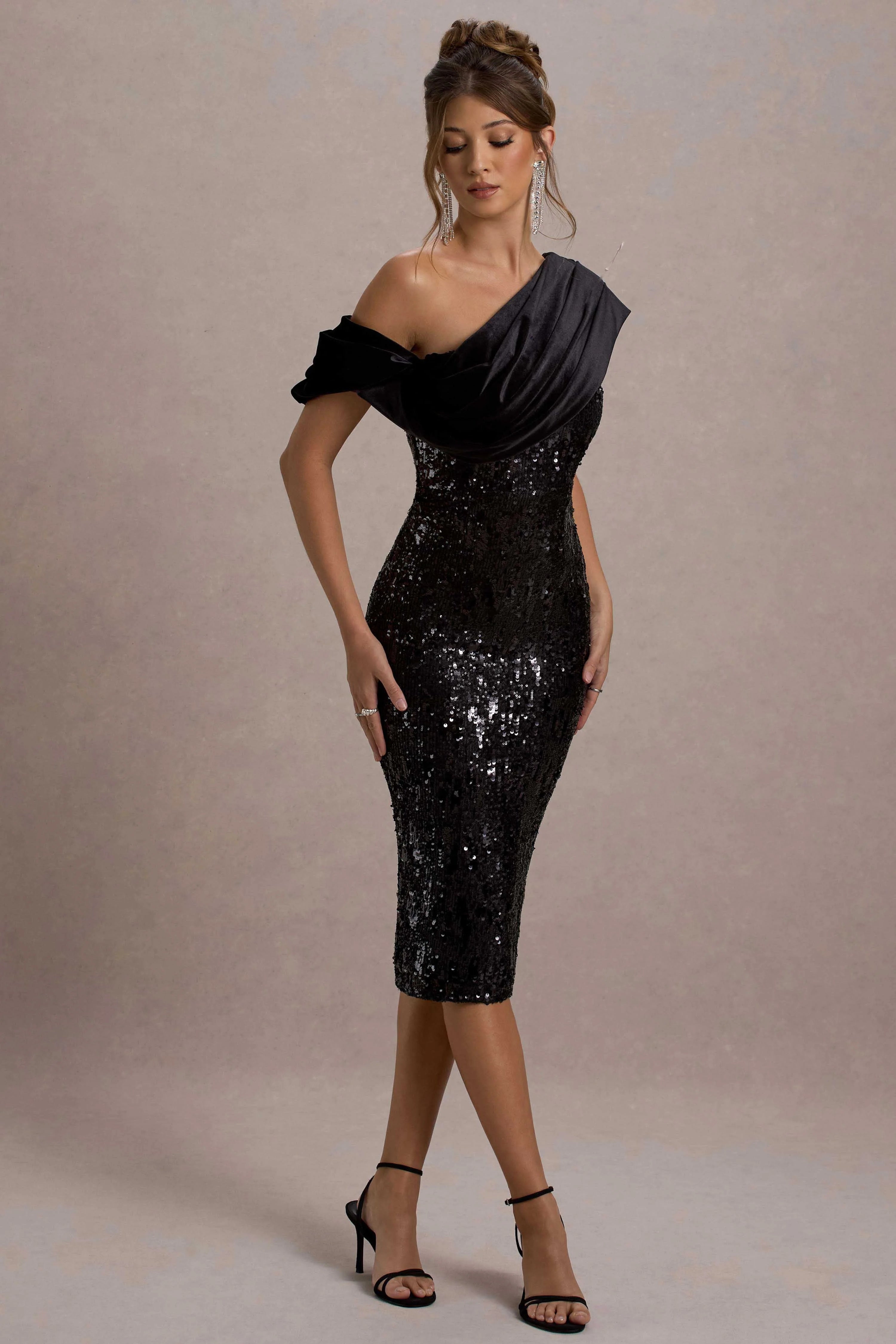 Volute Black Sequin One Shoulder Draped Midi Dress