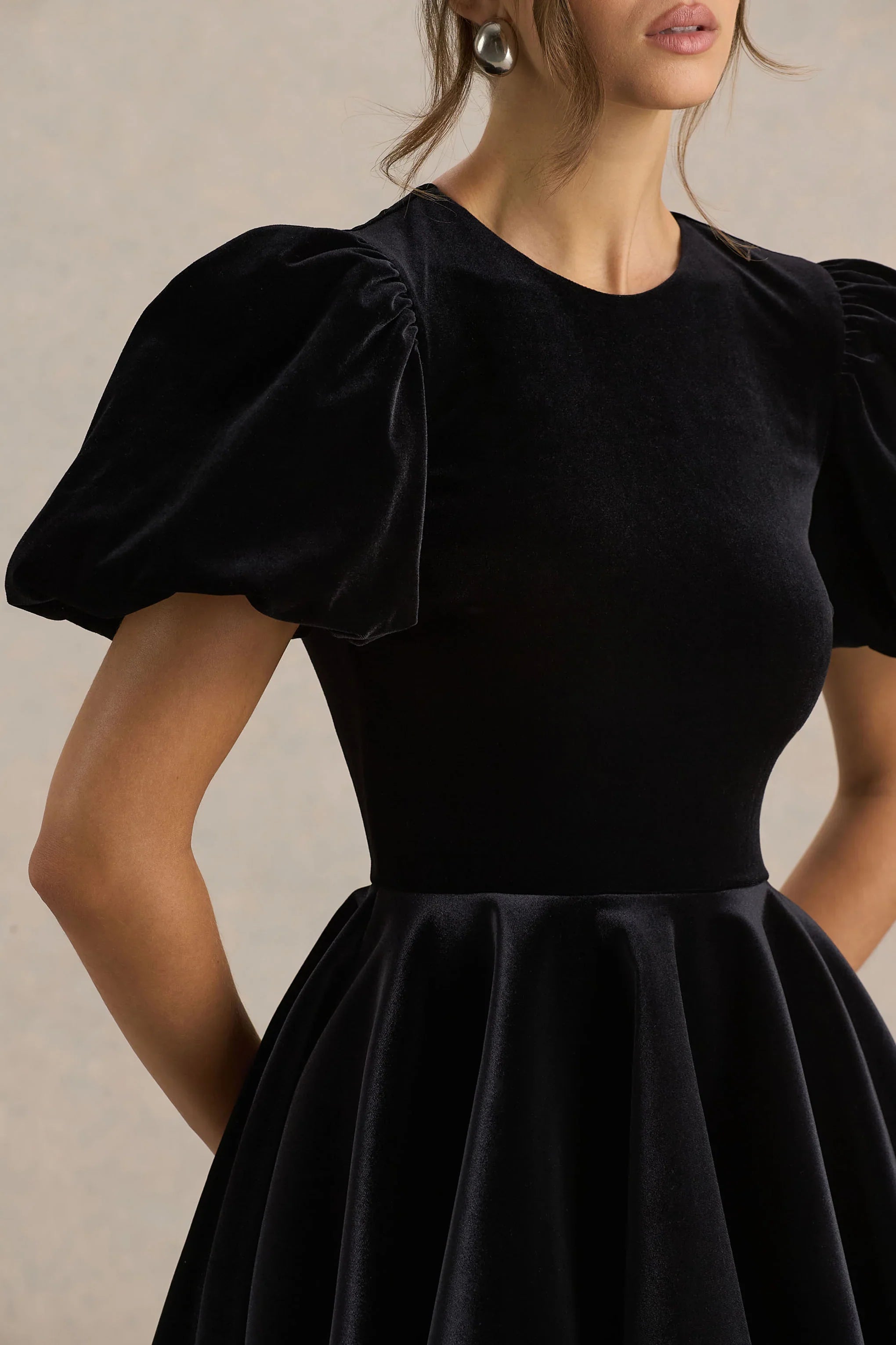 Priya Black Velvet Mini Dress With Puff Sleeves
