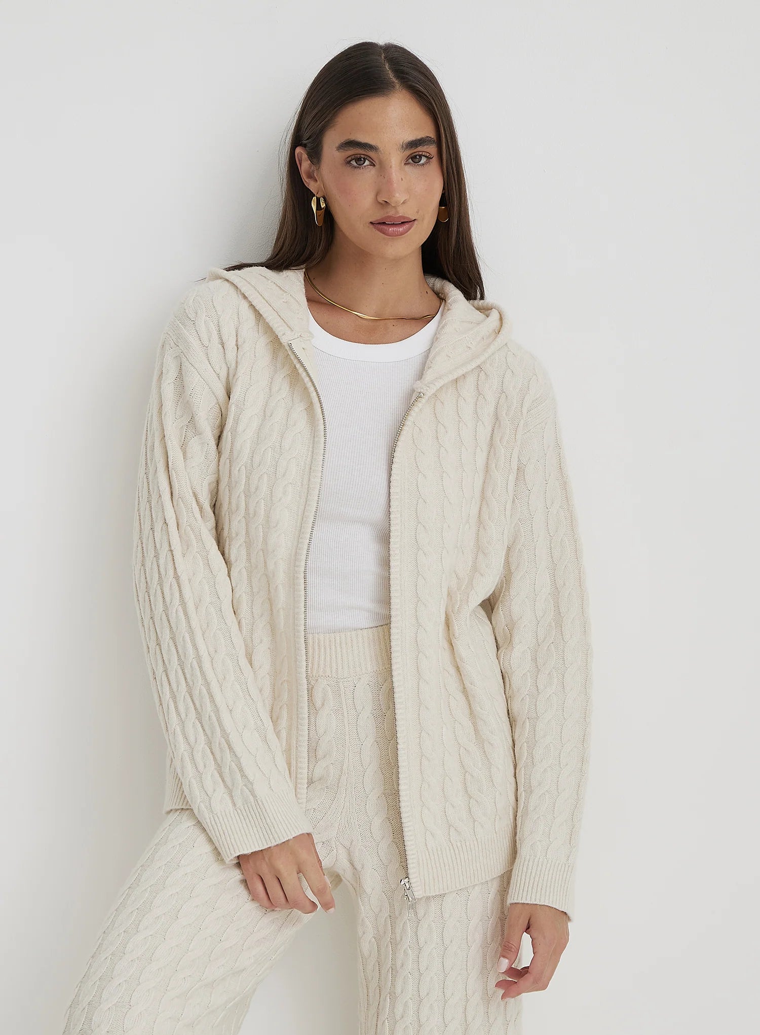 Cream Cable Knit Zip Hoodie