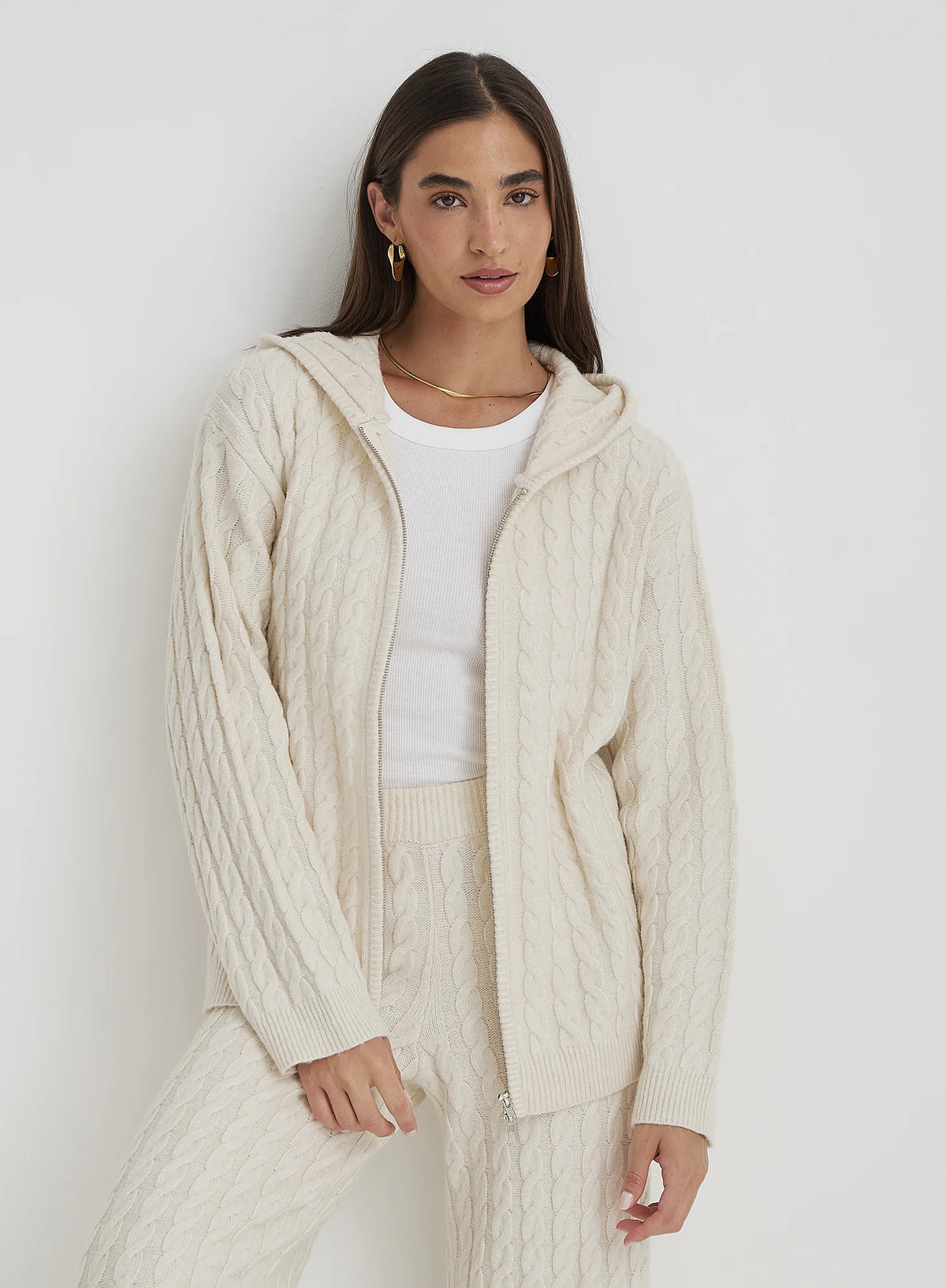 Cream Cable Knit Zip Hoodie