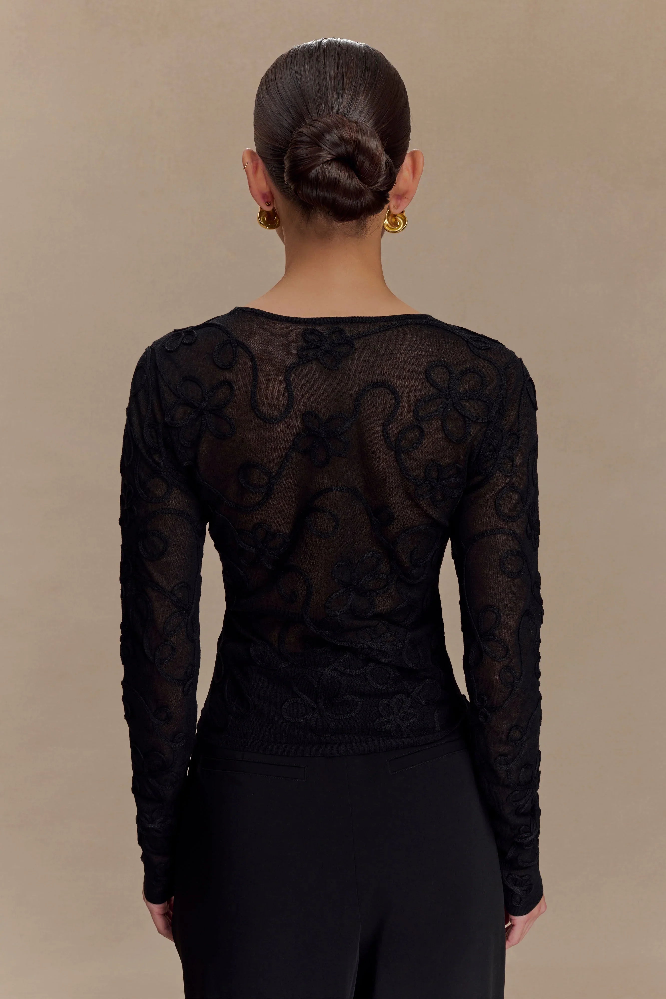 Omari Embroidery Long Sleeve Knit Top Black