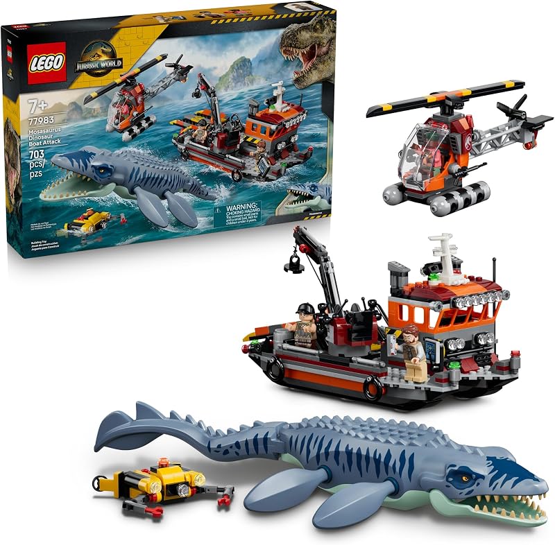 LEGO Jurassic World Mosasaurus Dinosaur Boat Attack 77983 Building Toy for Boys Girls Ages 7 Dinosaur Toy Playset for Kids Pretend Play 703 pieces Gift for Birthdays