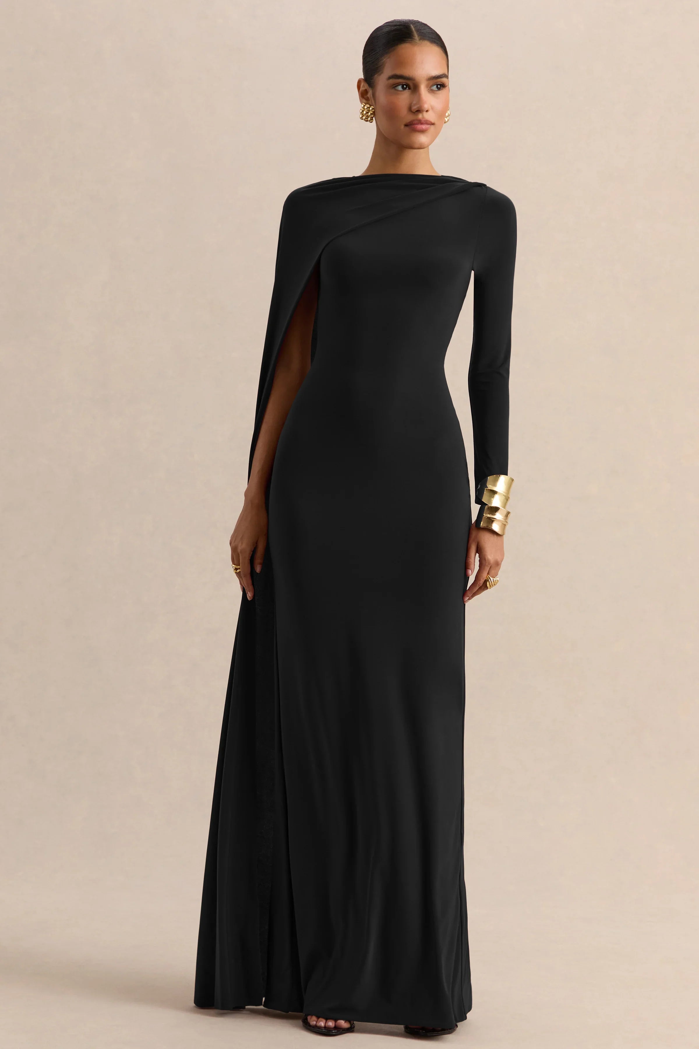 Halina Black High Neck Maxi Dress With Cape Sleeve