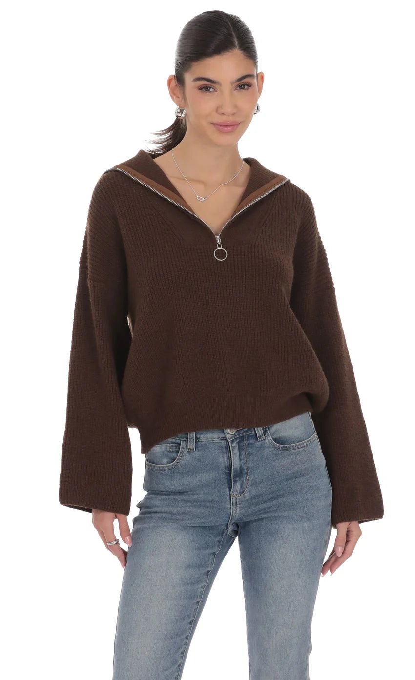 Knit Quarter Zip Jumper in Brown