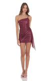 Foil Mesh One Shoulder Tassel Dress in Burgundy