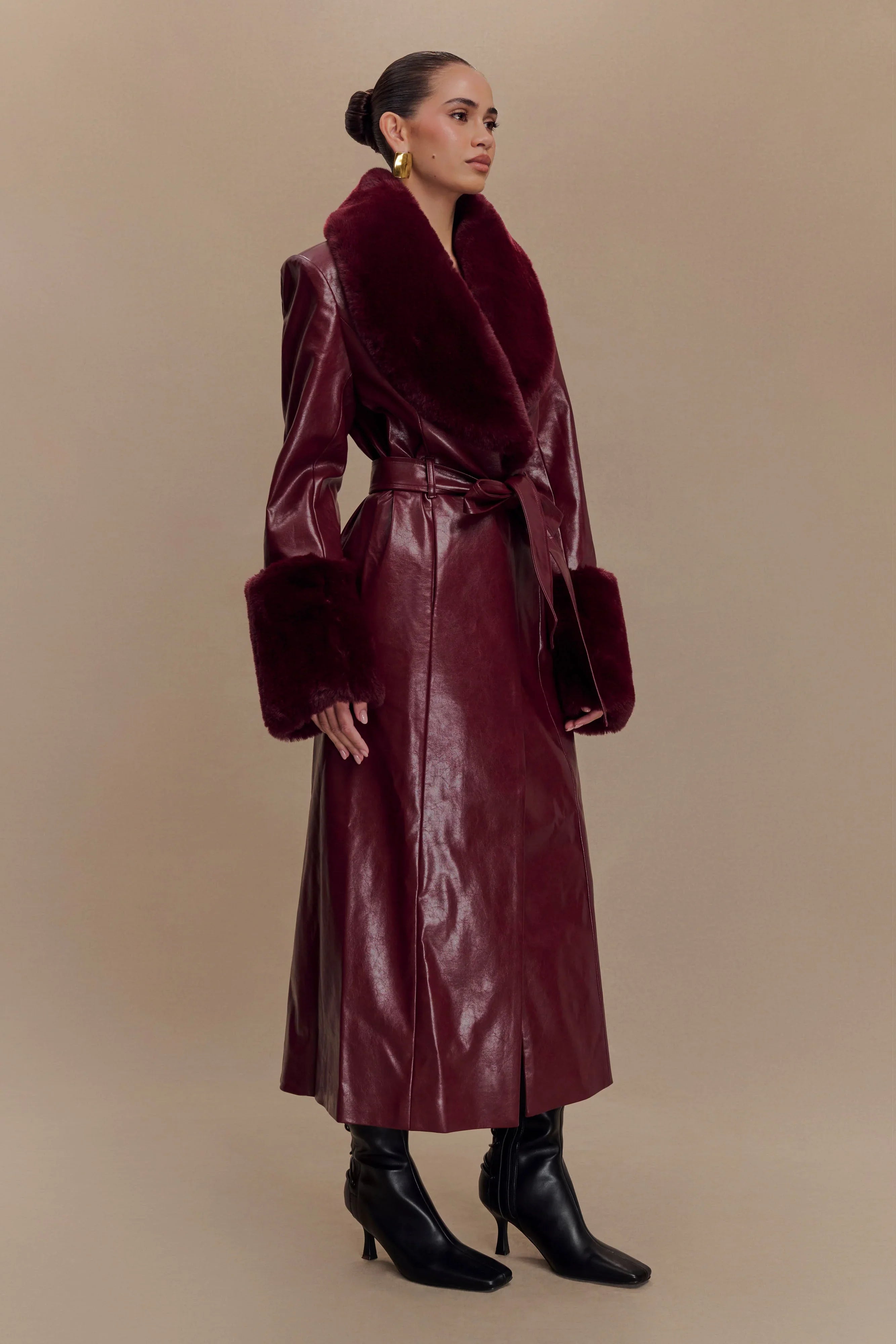 Bec Faux Leather Trench Coat With Faux Fur Cherry Red