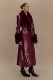 Bec Faux Leather Trench Coat With Faux Fur Cherry Red