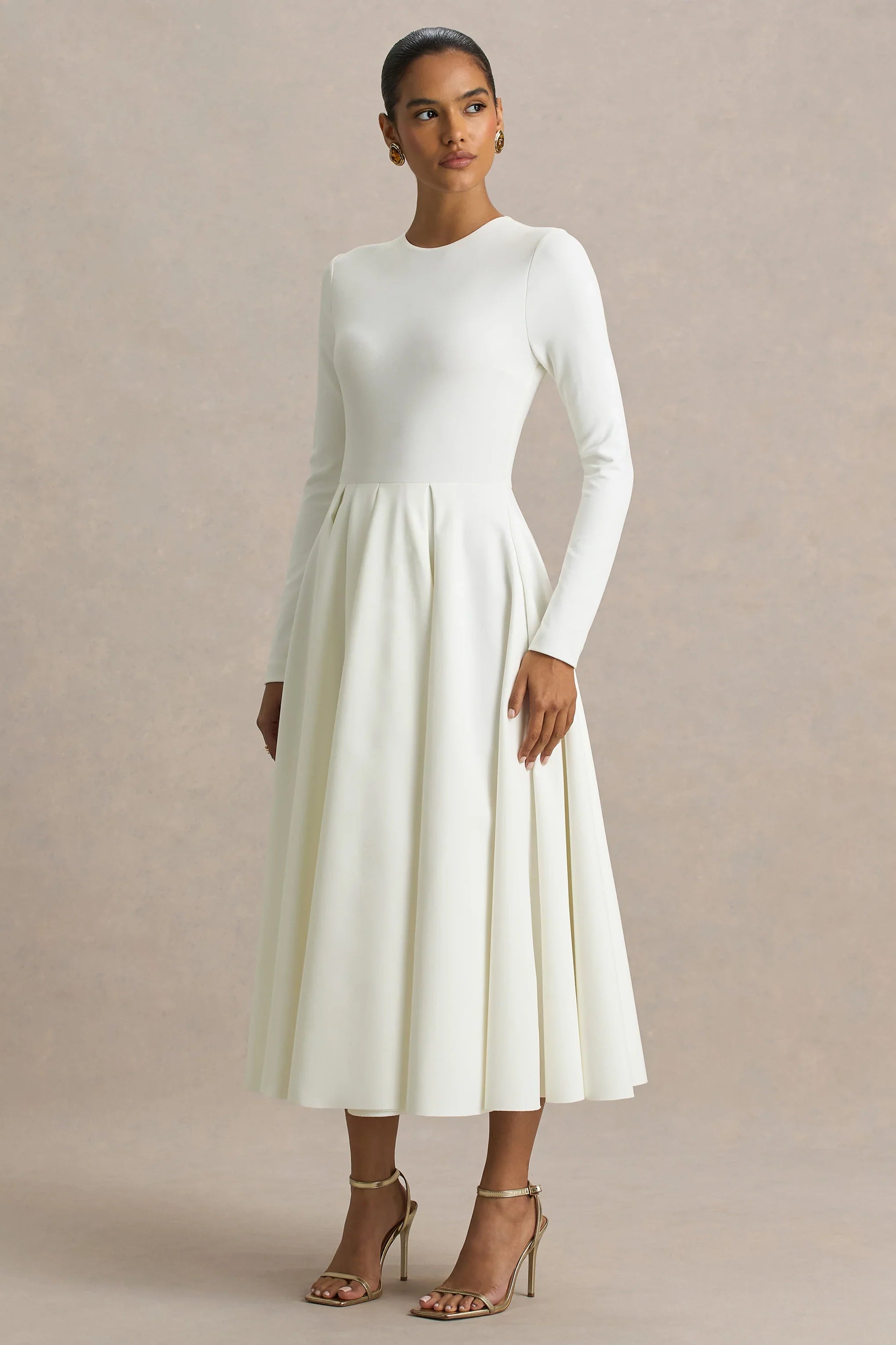 Bellamy Cream Crew Neck Long Sleeve Midi Dress