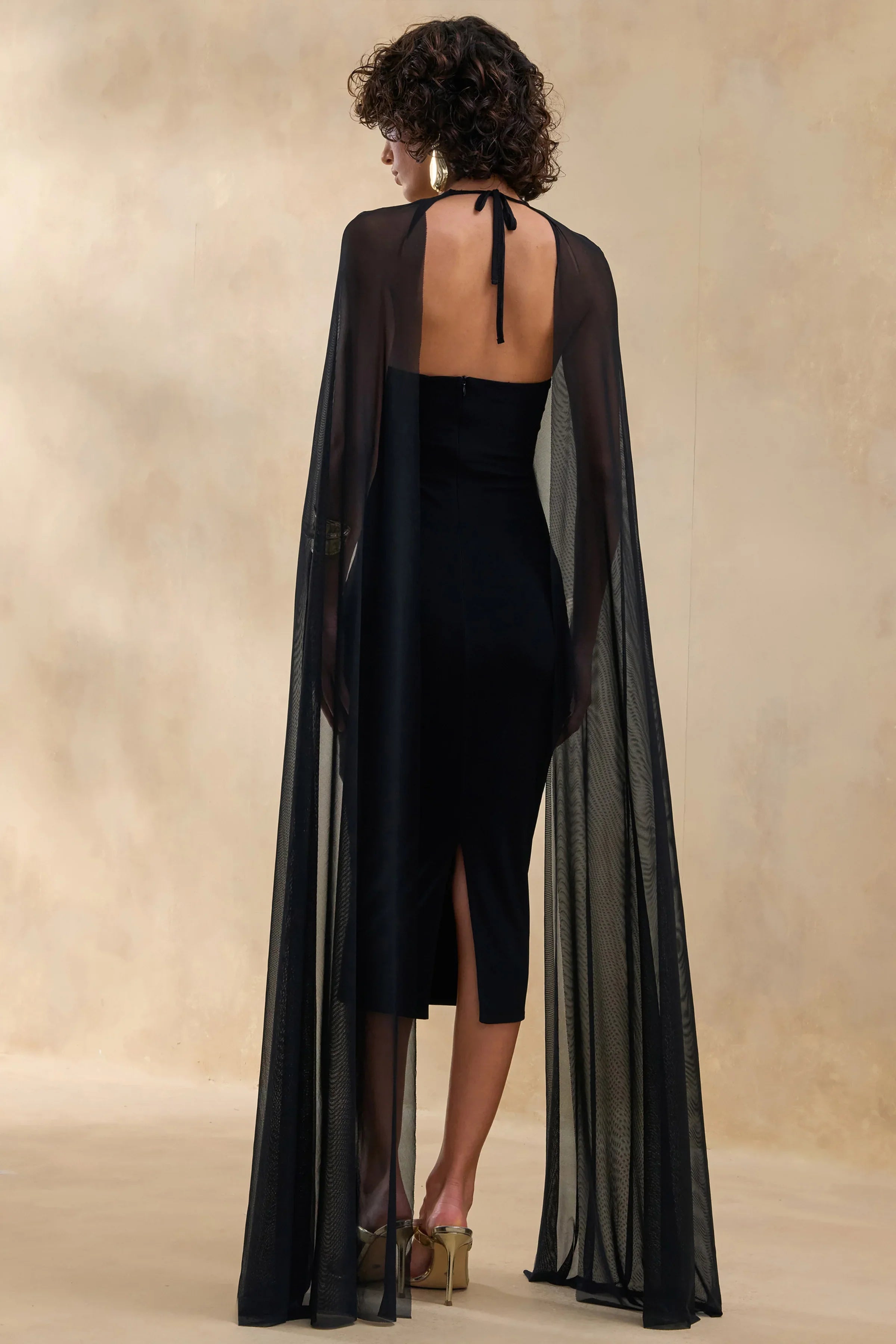 Filippa Black Crew Neck Midi Dress With Sheer Cape Sleeves