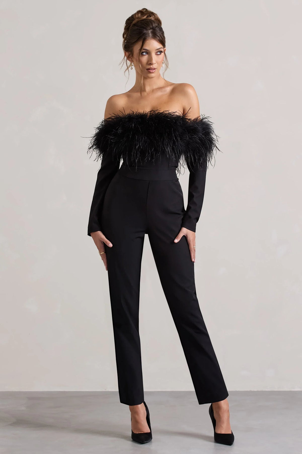 Ales Black Bardot Tailored Straight Leg Jumpsuit With Feather Trim