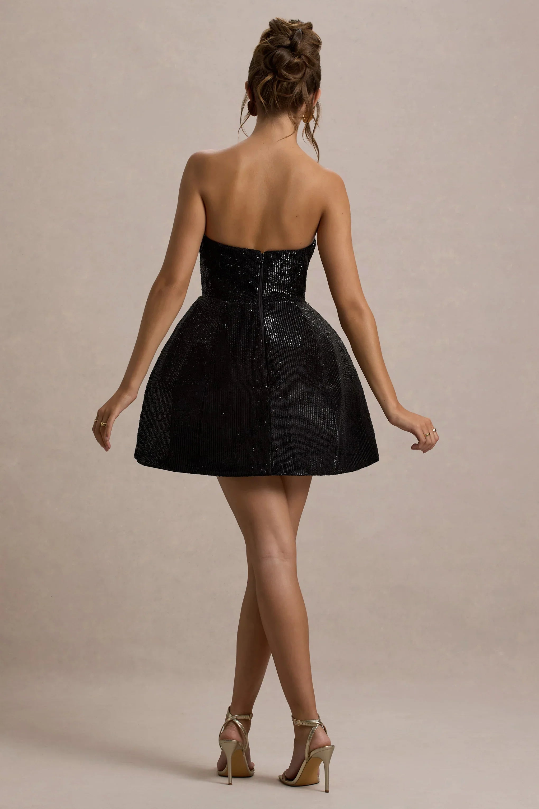 Clarabell Black Sequin Bandeau Structured Mini Dress