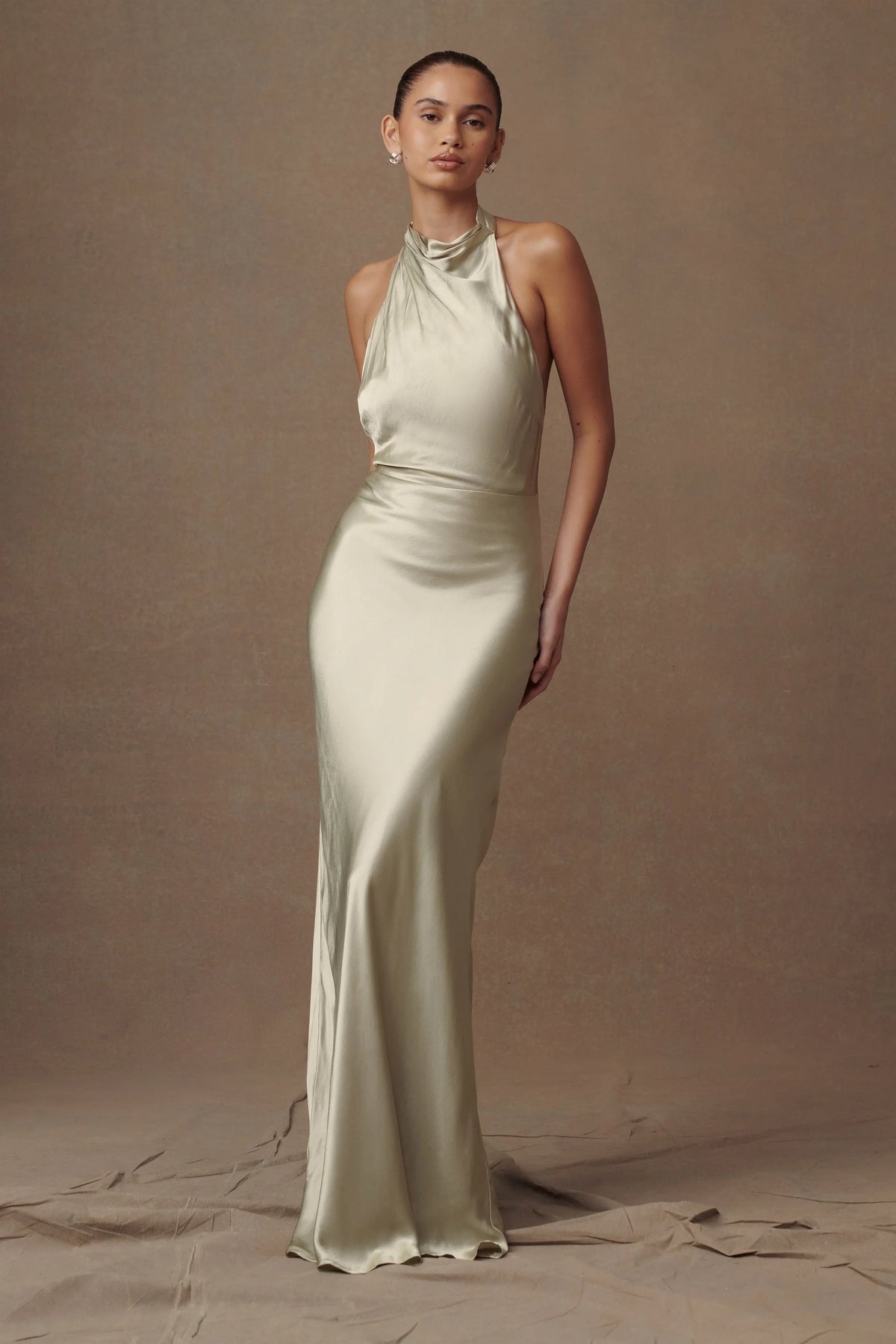 Esther Iridescent Satin Cowl Maxi Dress Sage