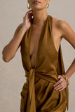 Lynette Olive Satin Plunge Neck Maxi Dress With Asymmetric Hem
