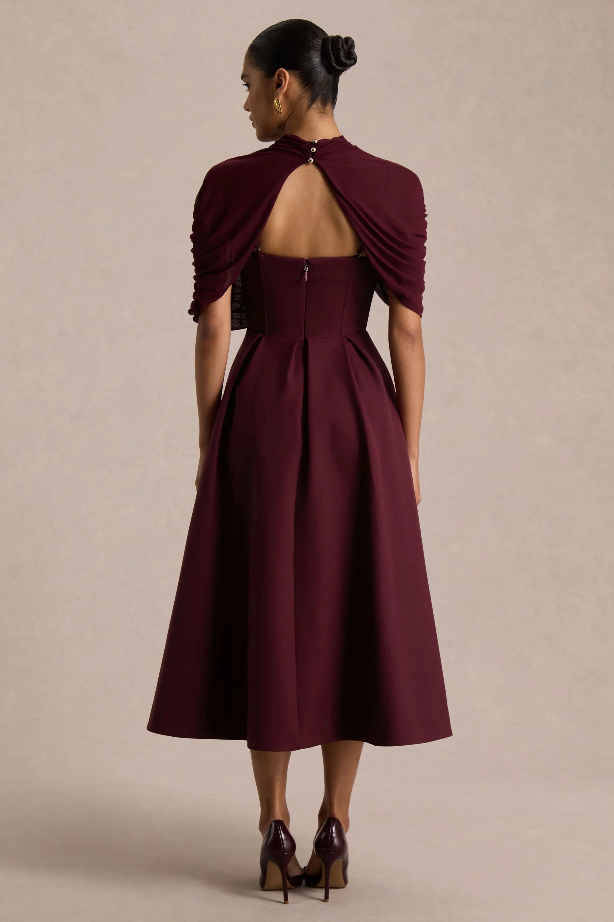 Thalia Burgundy High Neck Midi Dress With Sheer Mesh Cape
