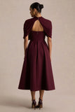 Thalia Burgundy High Neck Midi Dress With Sheer Mesh Cape