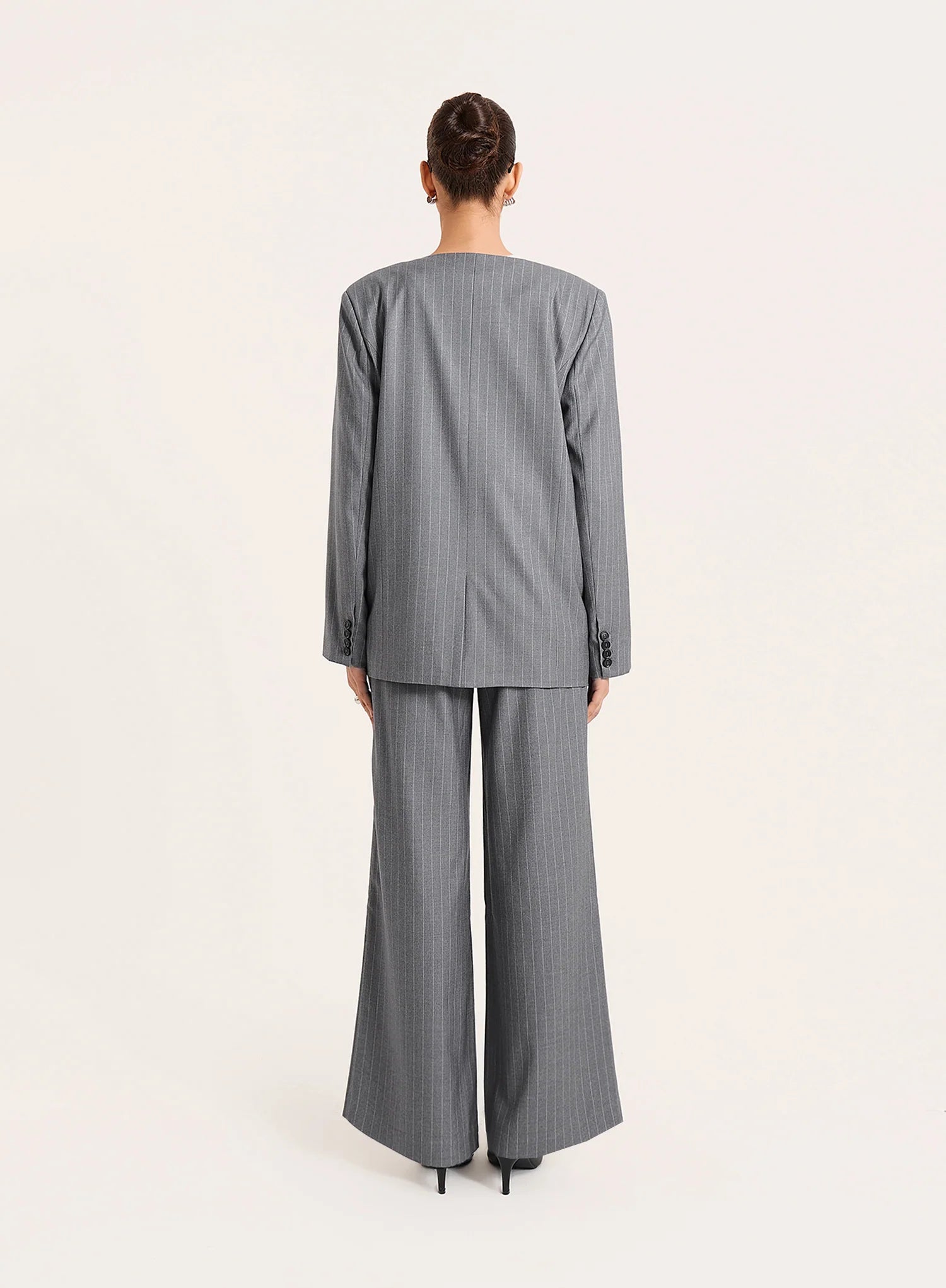 Grey Pinstripe Collarless Blazer