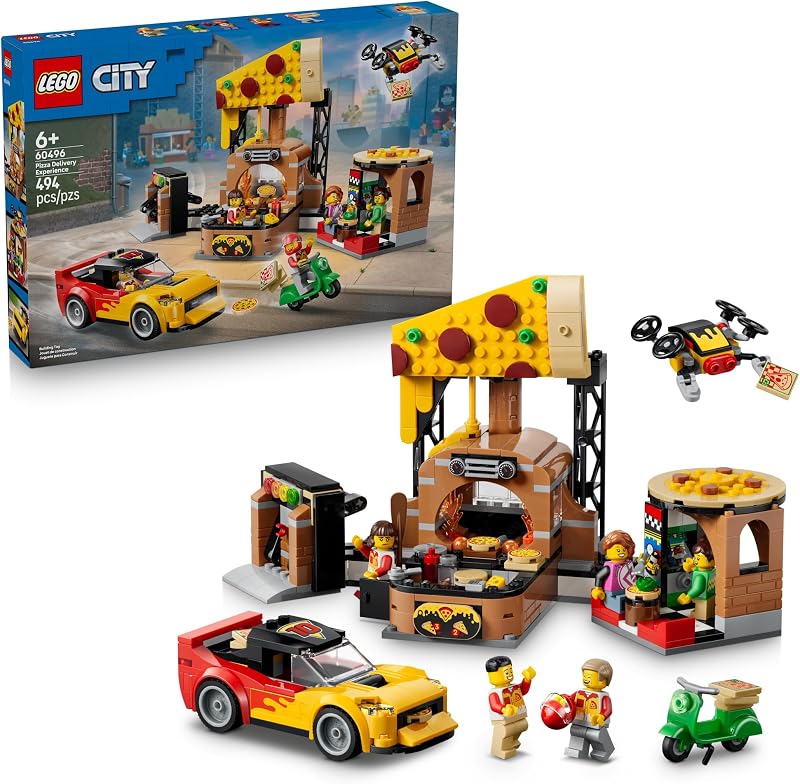 LEGO City Pizza Delivery Experience with Vehicles 60496 Building Toys for Boys Girls Ages 6 Toy Car Playset for Pretend Play 5 Minifigures 494 pieces Gift Idea