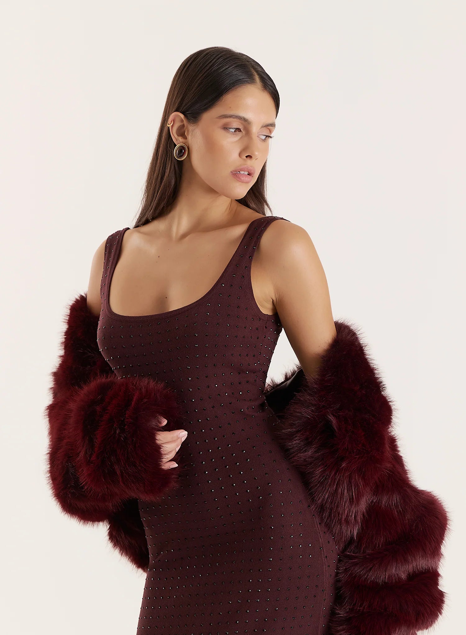 Chocolate Knitted Embellished Scoop Neck Dress