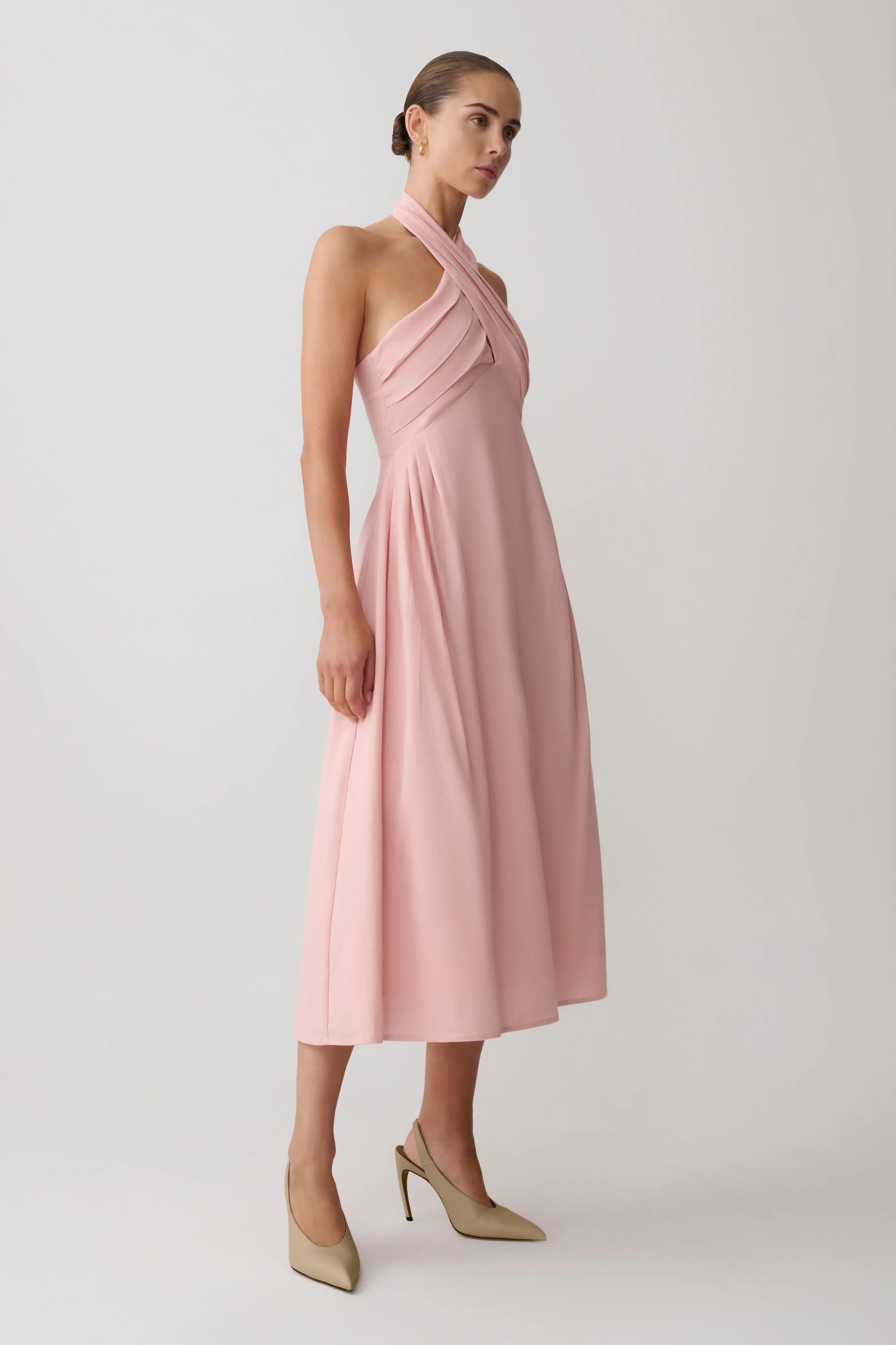 Rosie Linen Halter Midi Dress Pink