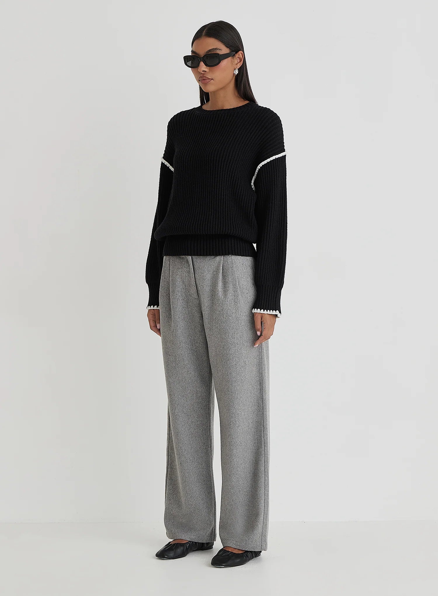 Black Contrast Stitching Knit Jumper
