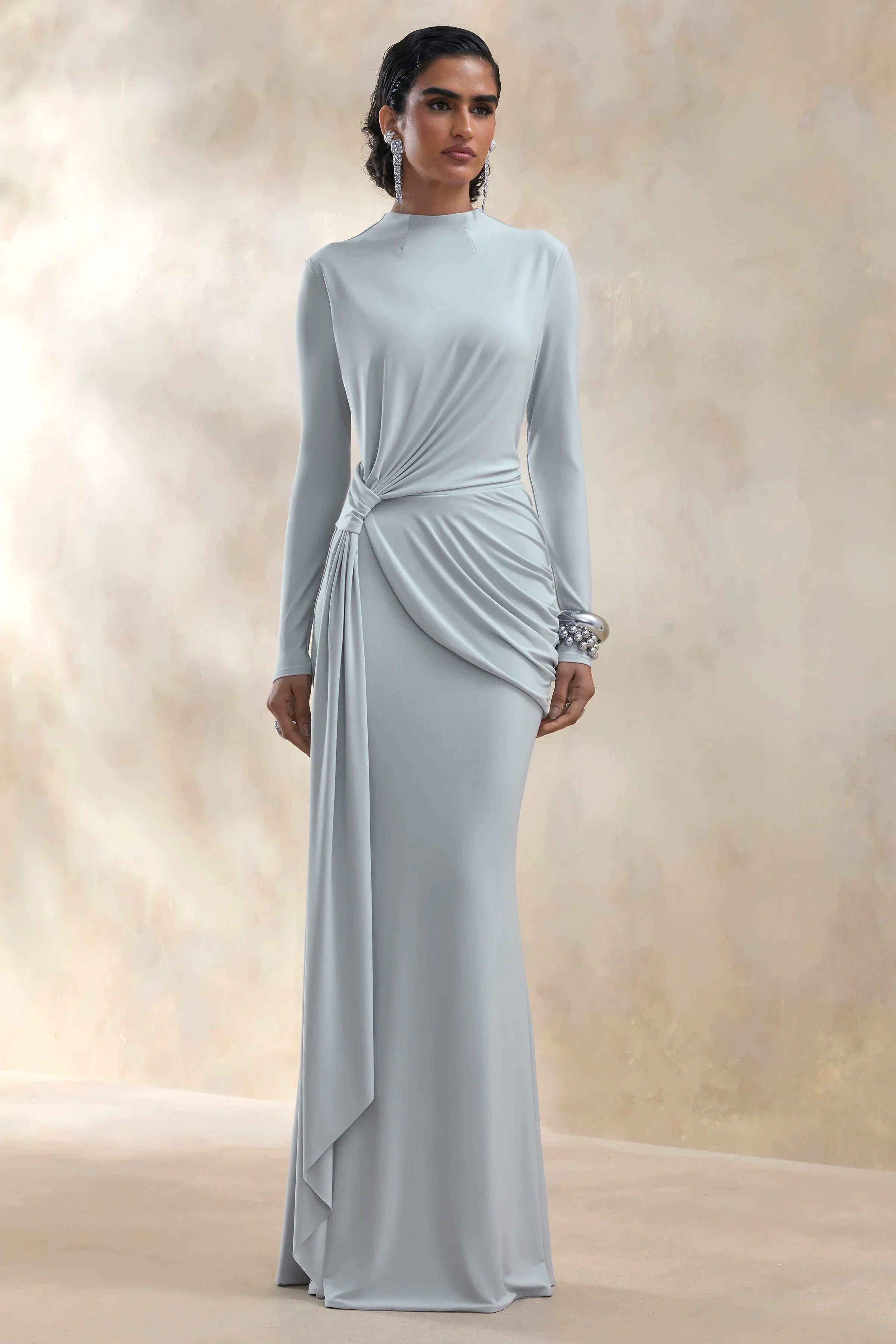 Kyrissa Blue High Neck Maxi Dress With Gathered Detailing