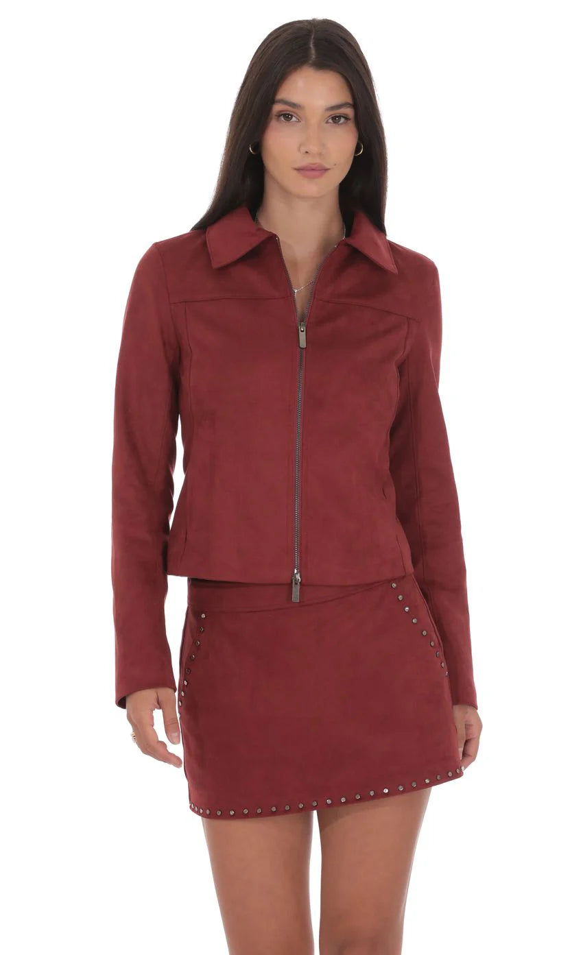 Suede Zip Up Jacket in Maroon