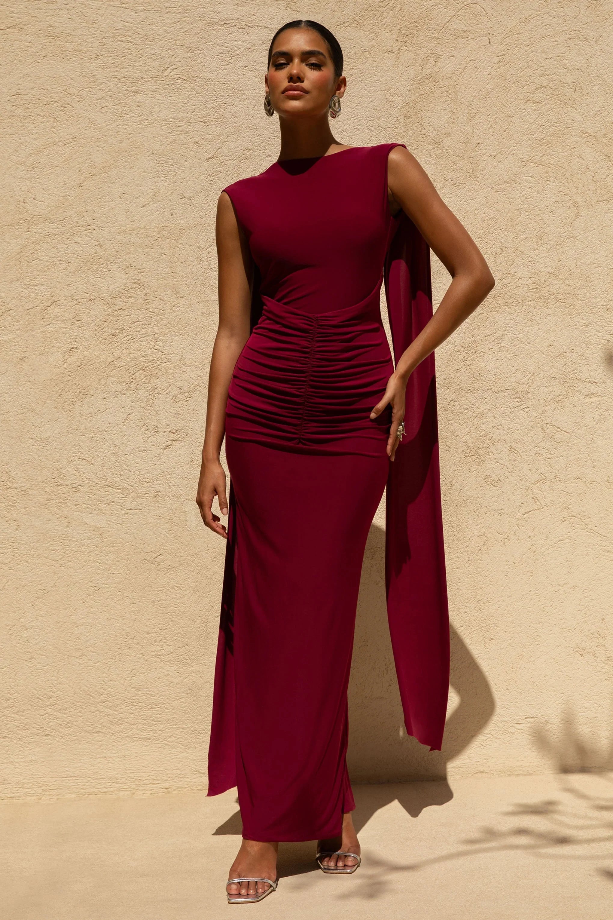 Saige Burgundy Cap Sleeve Gathered Maxi Dress