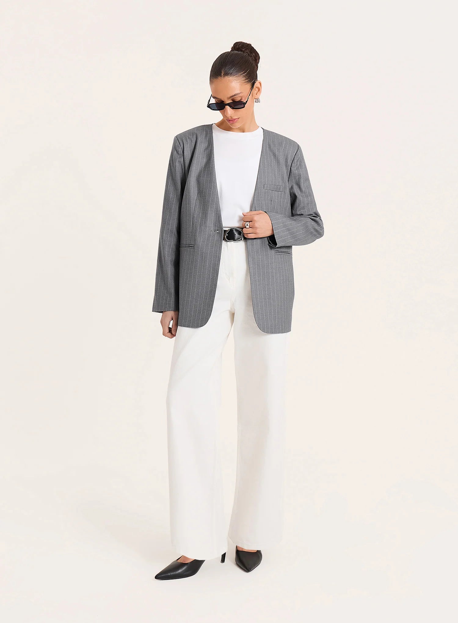 Grey Pinstripe Collarless Blazer