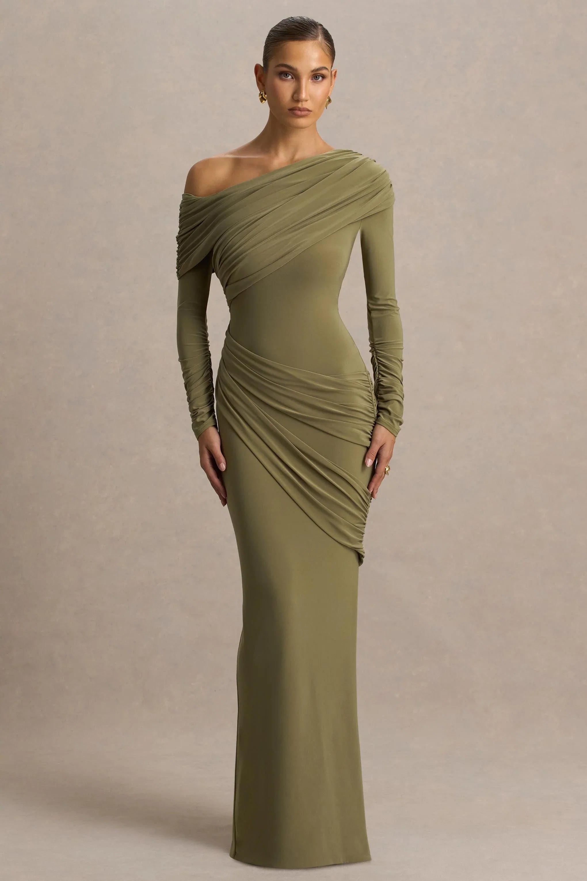 Perrie Olive Asymmetric Neck Maxi Dress With Ruched Detailing