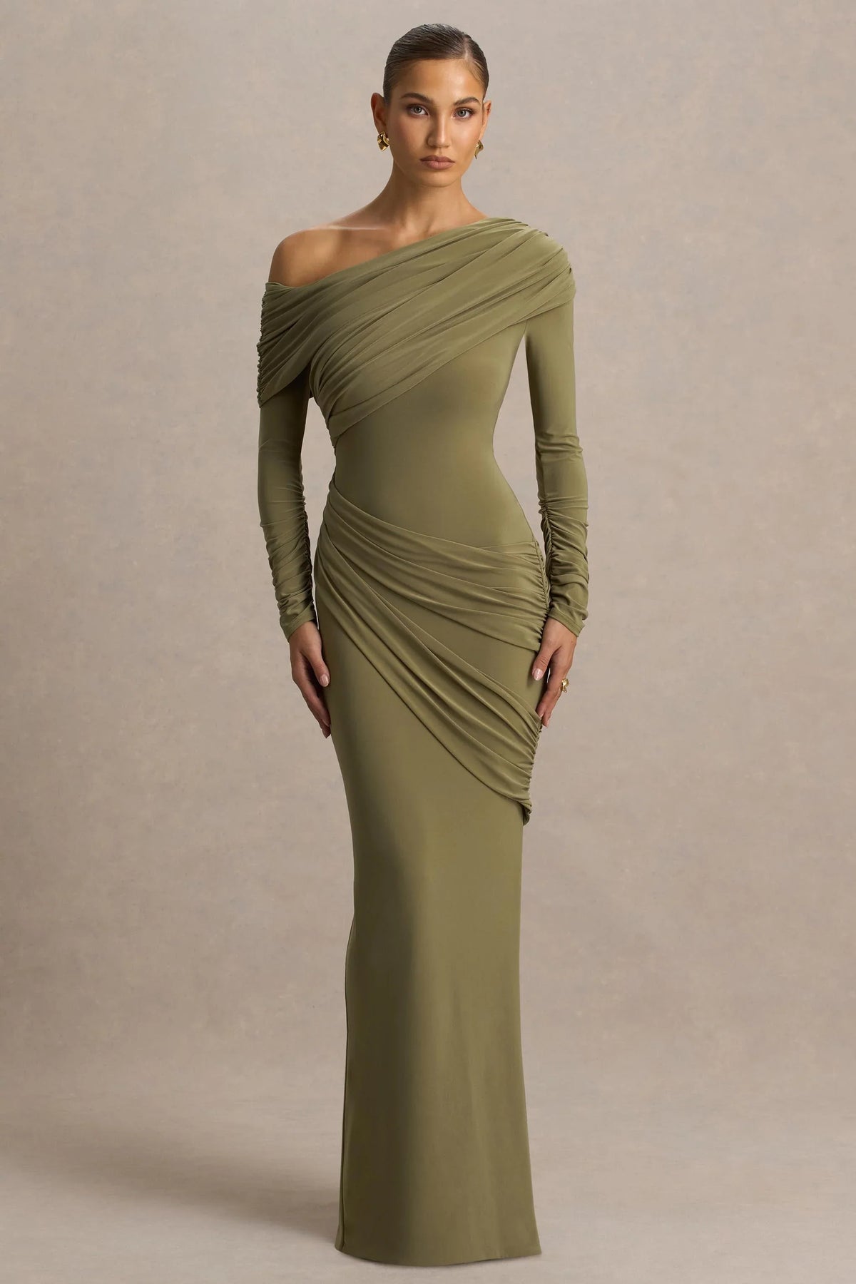 Perrie Olive Asymmetric Neck Maxi Dress With Ruched Detailing