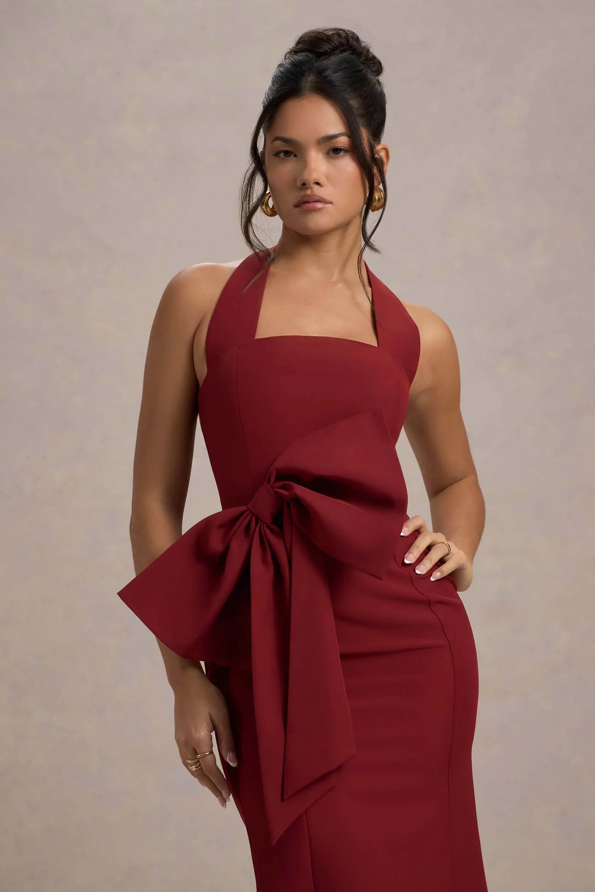 Aman Berry Halter Neck Midi Dress With Oversized Bow