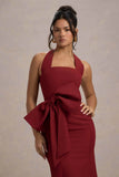 Aman Berry Halter Neck Midi Dress With Oversized Bow