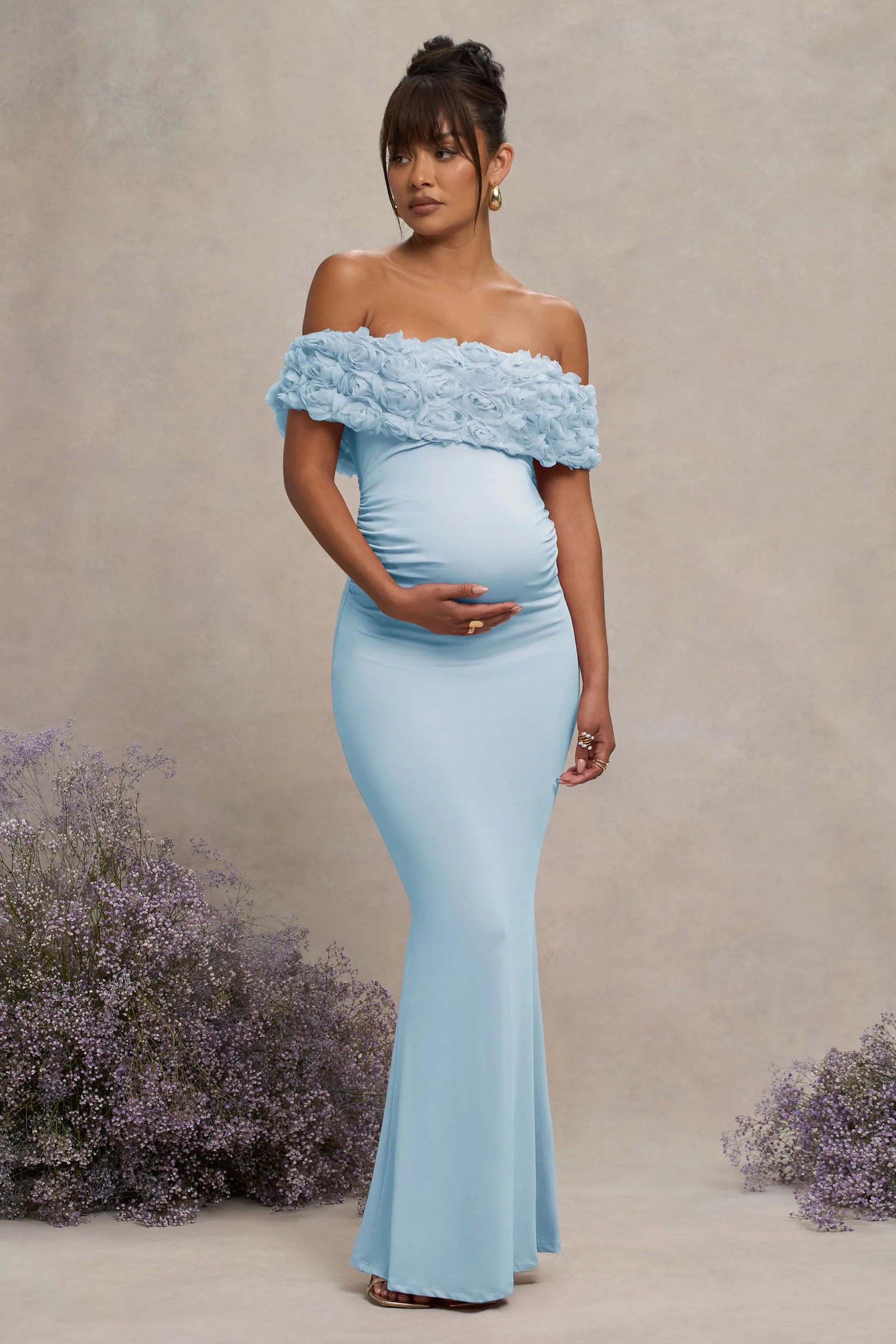 Inflorescence Powder Blue Mesh Floral Bardot Maternity Maxi Dress