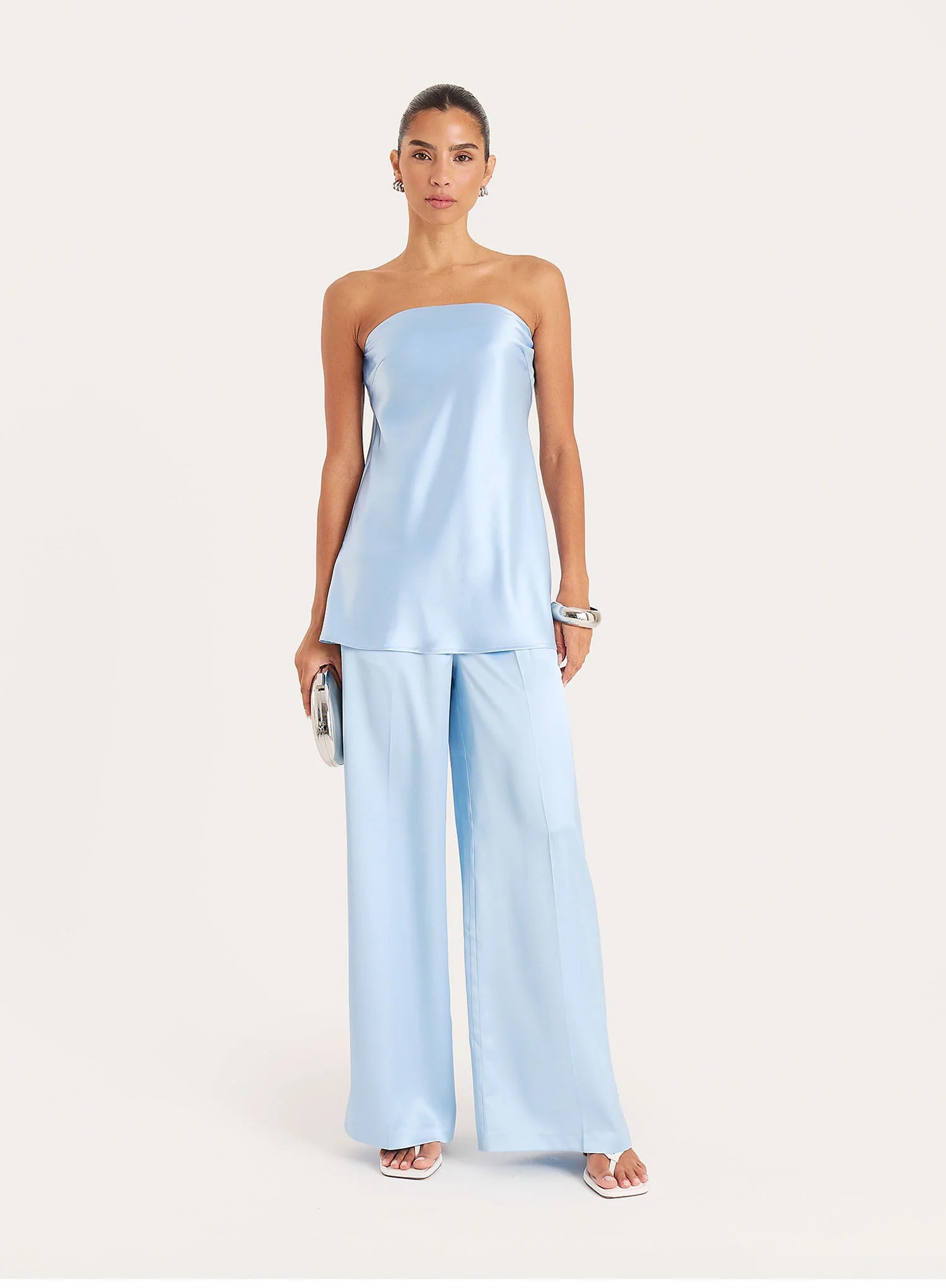 Blue Satin Tailored Wide Leg Trousers
