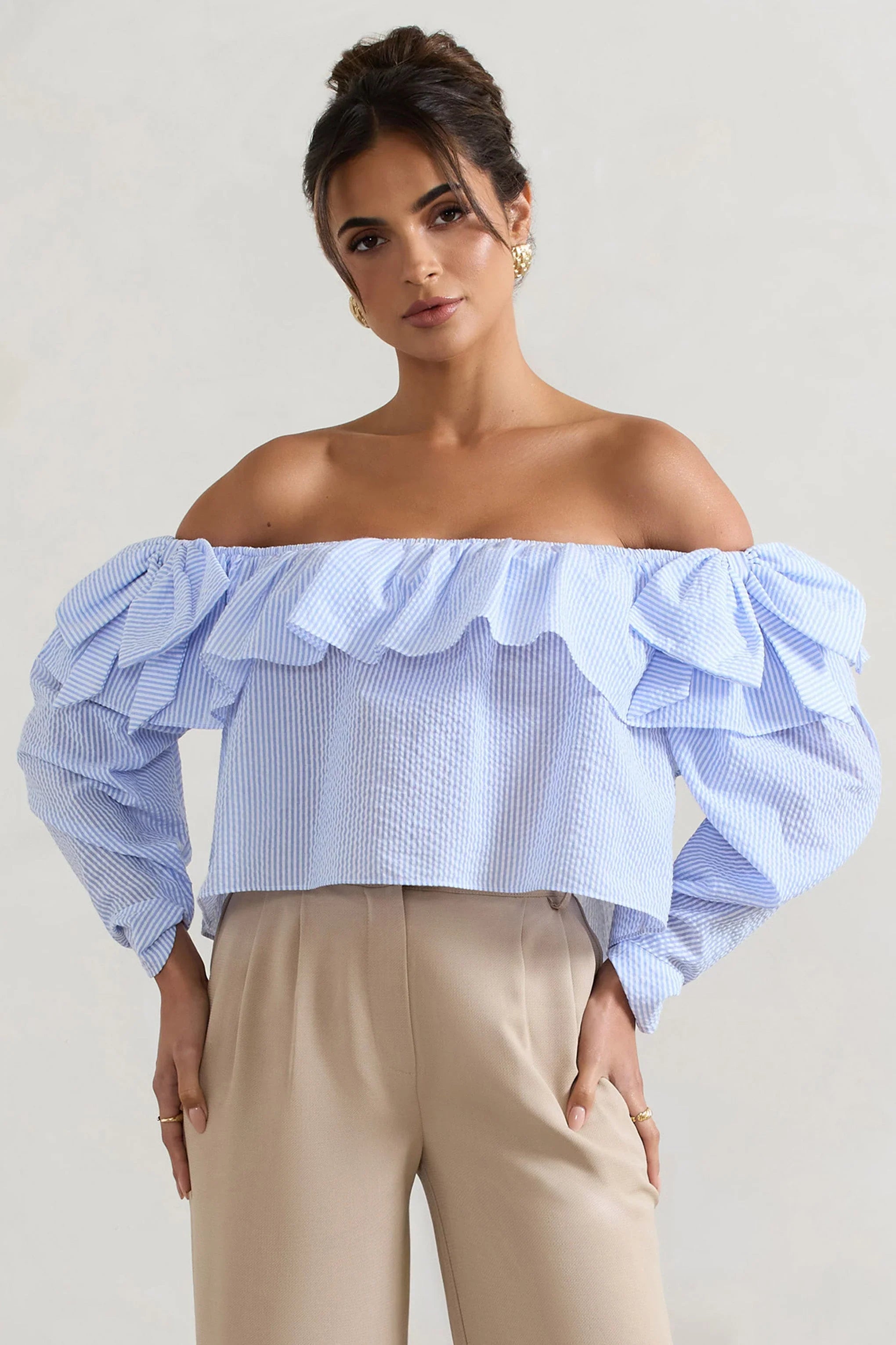 Harbour Blue Pinstripe Bardot Puff Sleeve Top With Bows