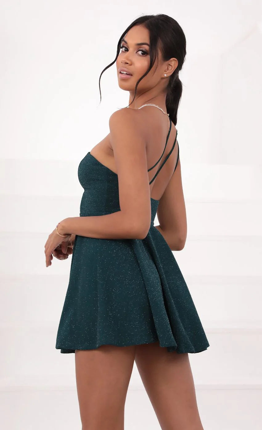 One Shoulder Dress in Turquoise Sparkle