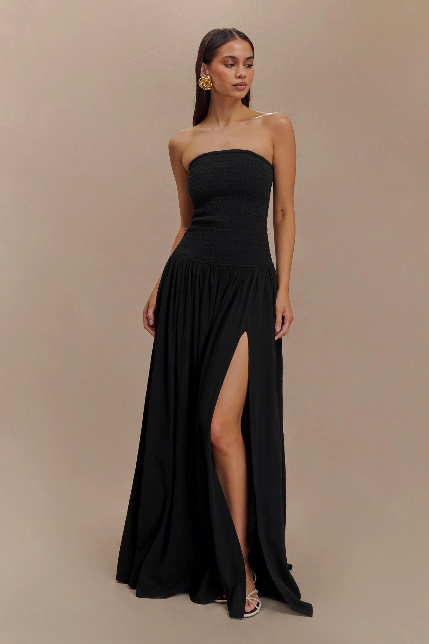 Maureen Cotton Shirring Maxi Dress Black