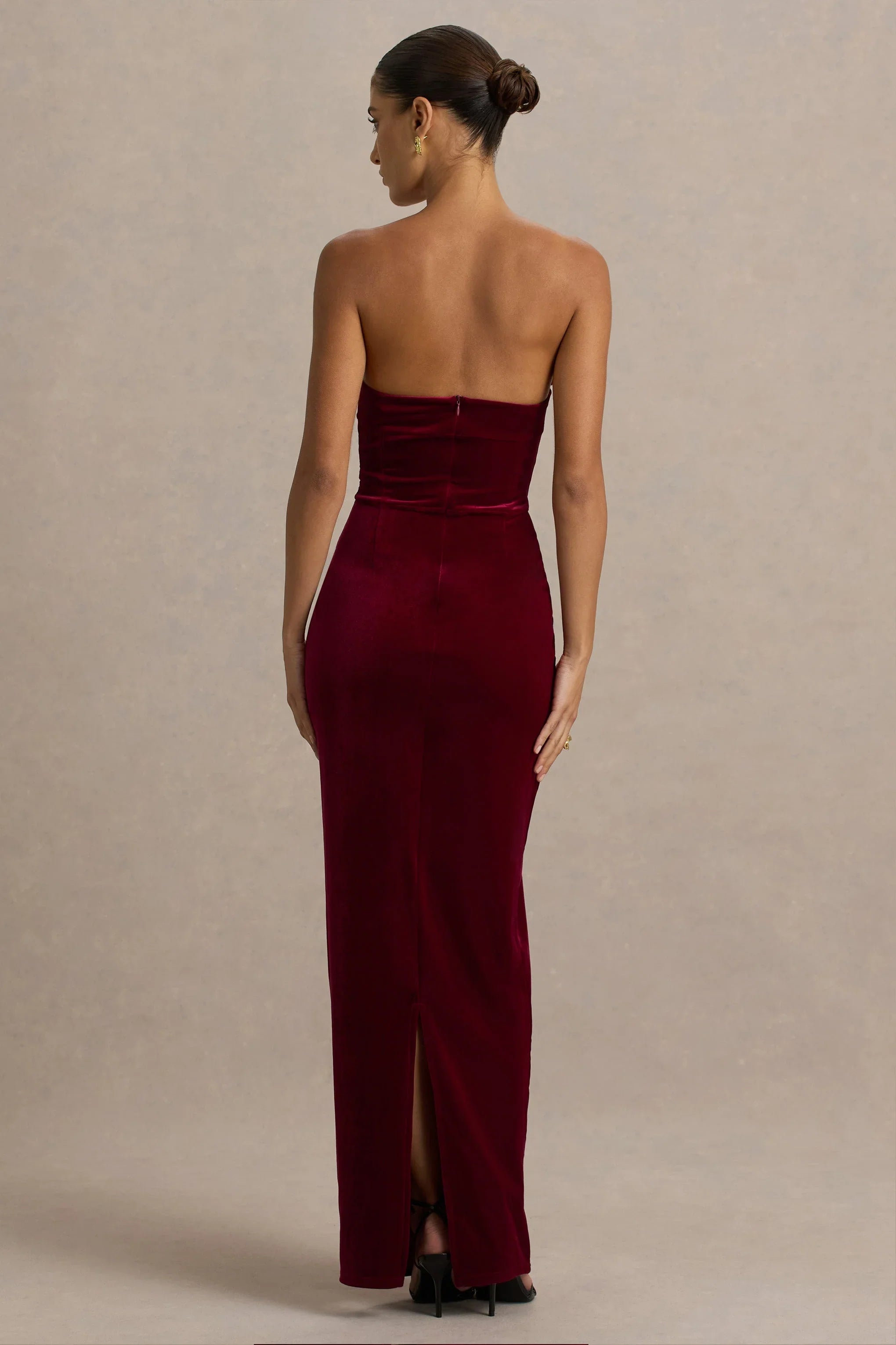 Illusion Burgundy Velvet Bandeau Maxi Dress With Bow Detail