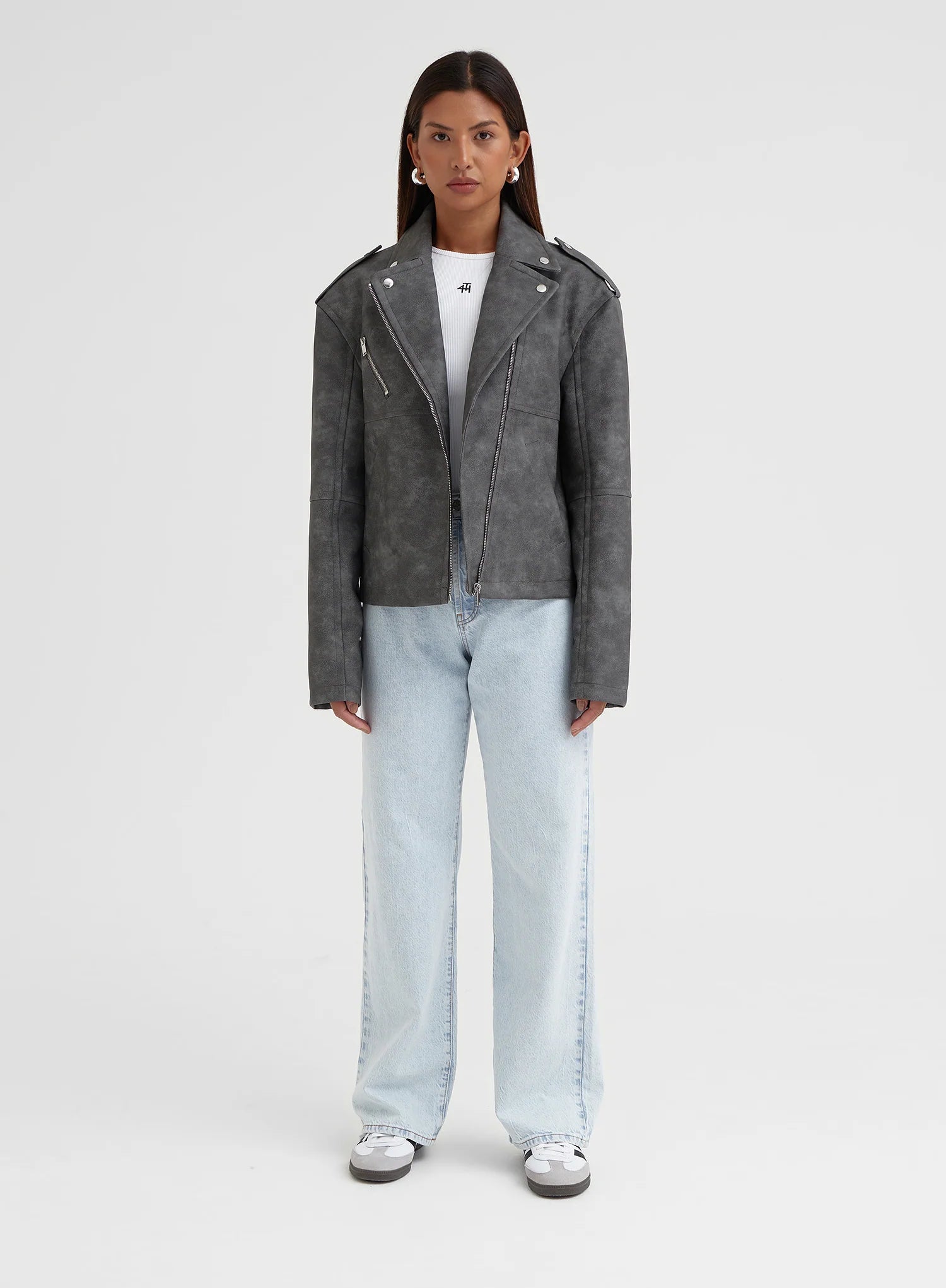 Grey Washed Faux Leather Biker Jacket