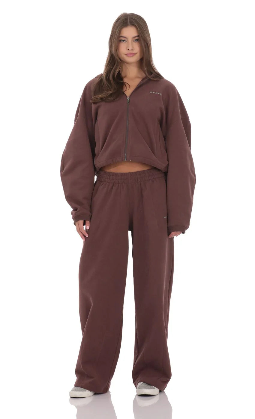 Cropped Fleece Zip Up Hoodie in Brown