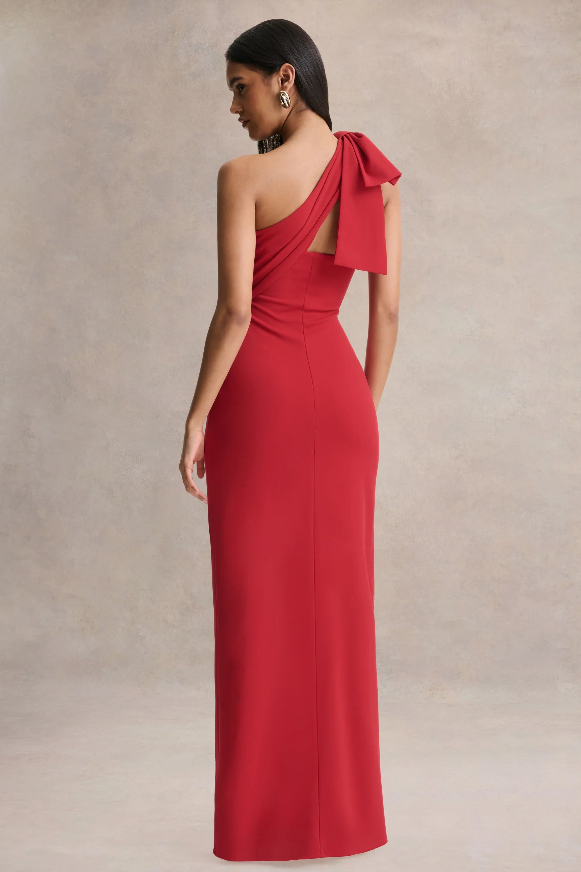 Adara Red Asymmetric Neck Maxi Dress With Bow Detail
