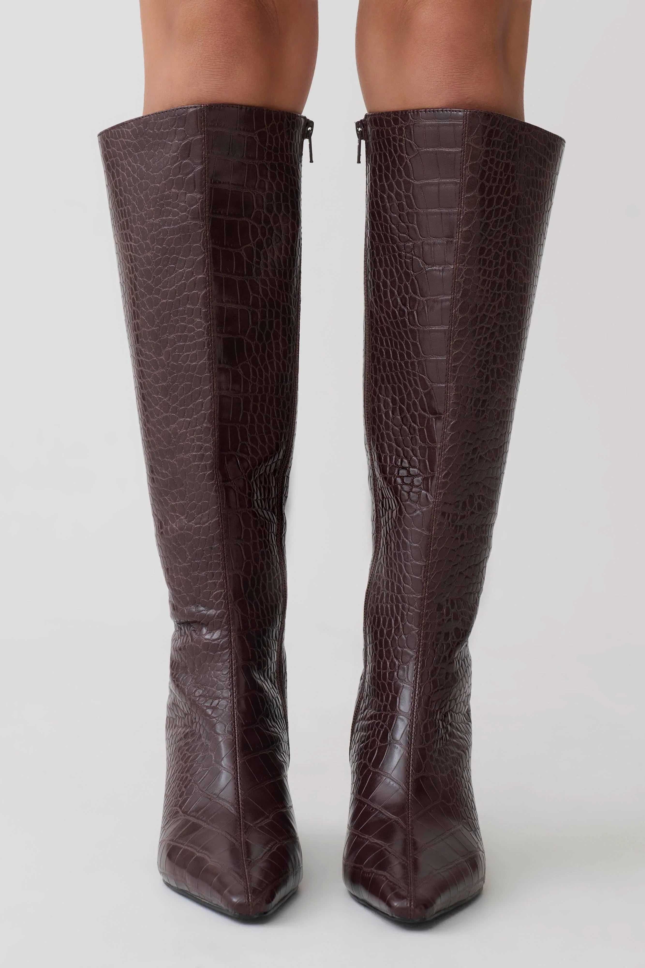 Sarah Faux Leather Crocodile Boot Chocolate
