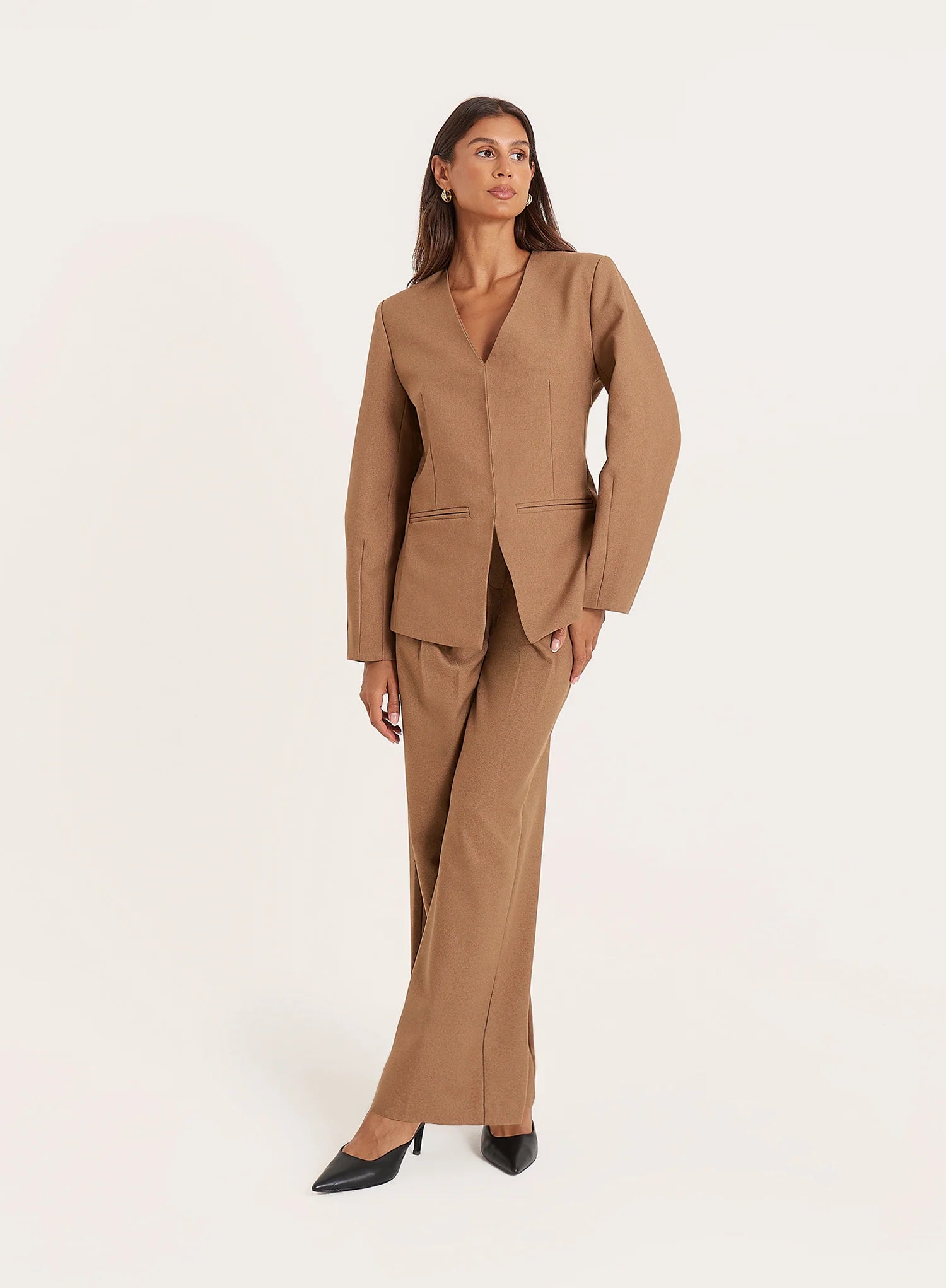 Taupe Cinched Waist Cocoon Sleeve Tailored Blazer