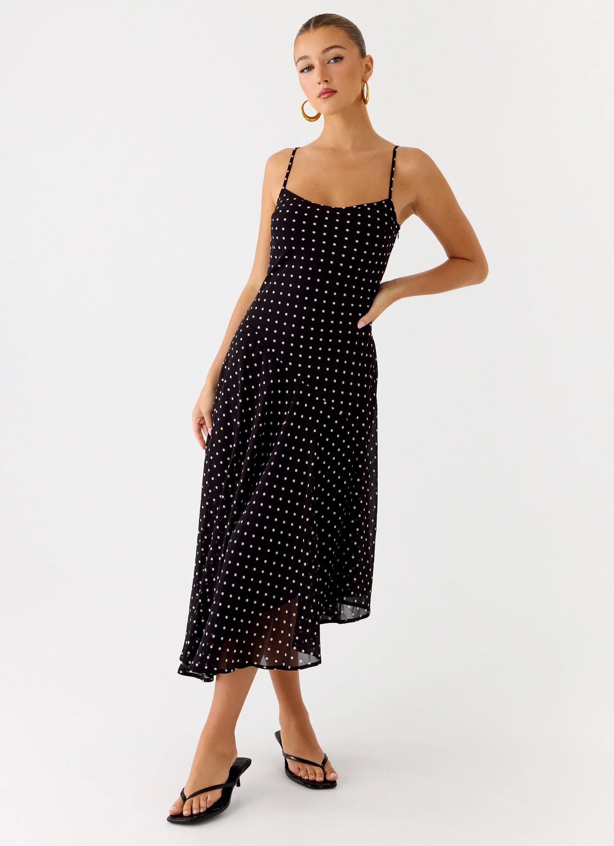 Keep You Waiting Midi Dress Black Polkadot