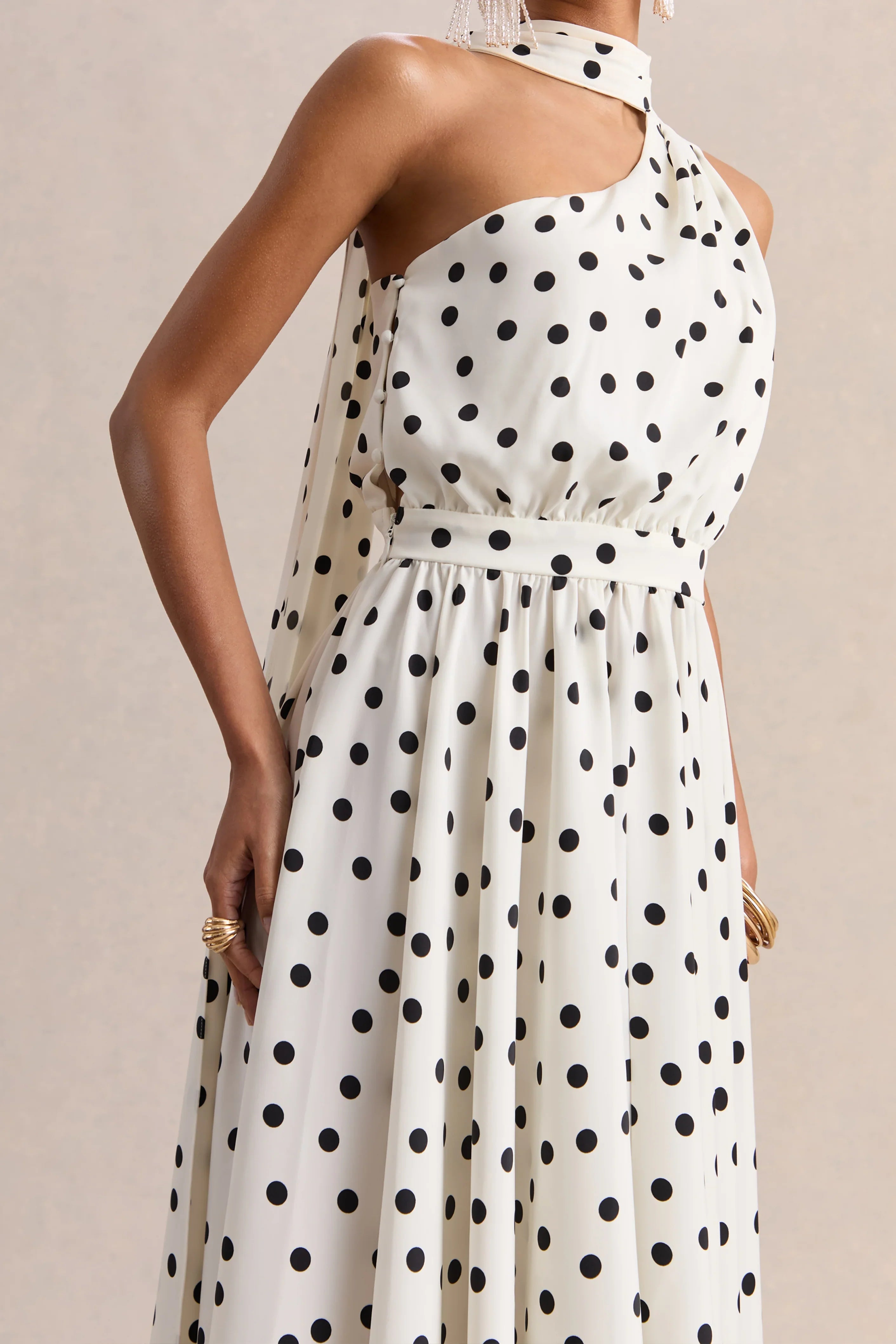 Caluna White And Black Polka Dot Satin Asymmetric Neck Midi Dress With Scarf Detail