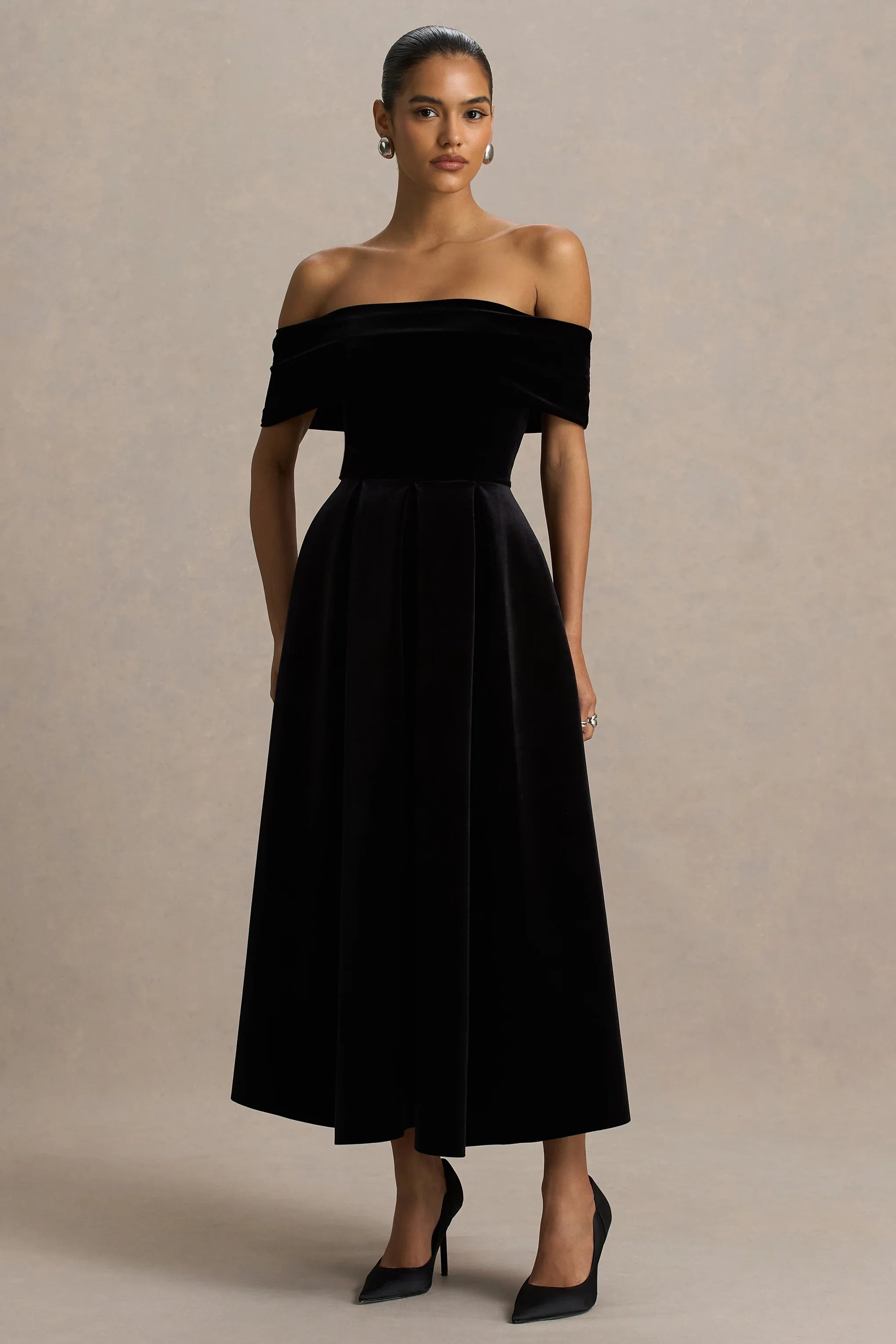 Ablaze Black Velvet Bardot Neck Midi Dress