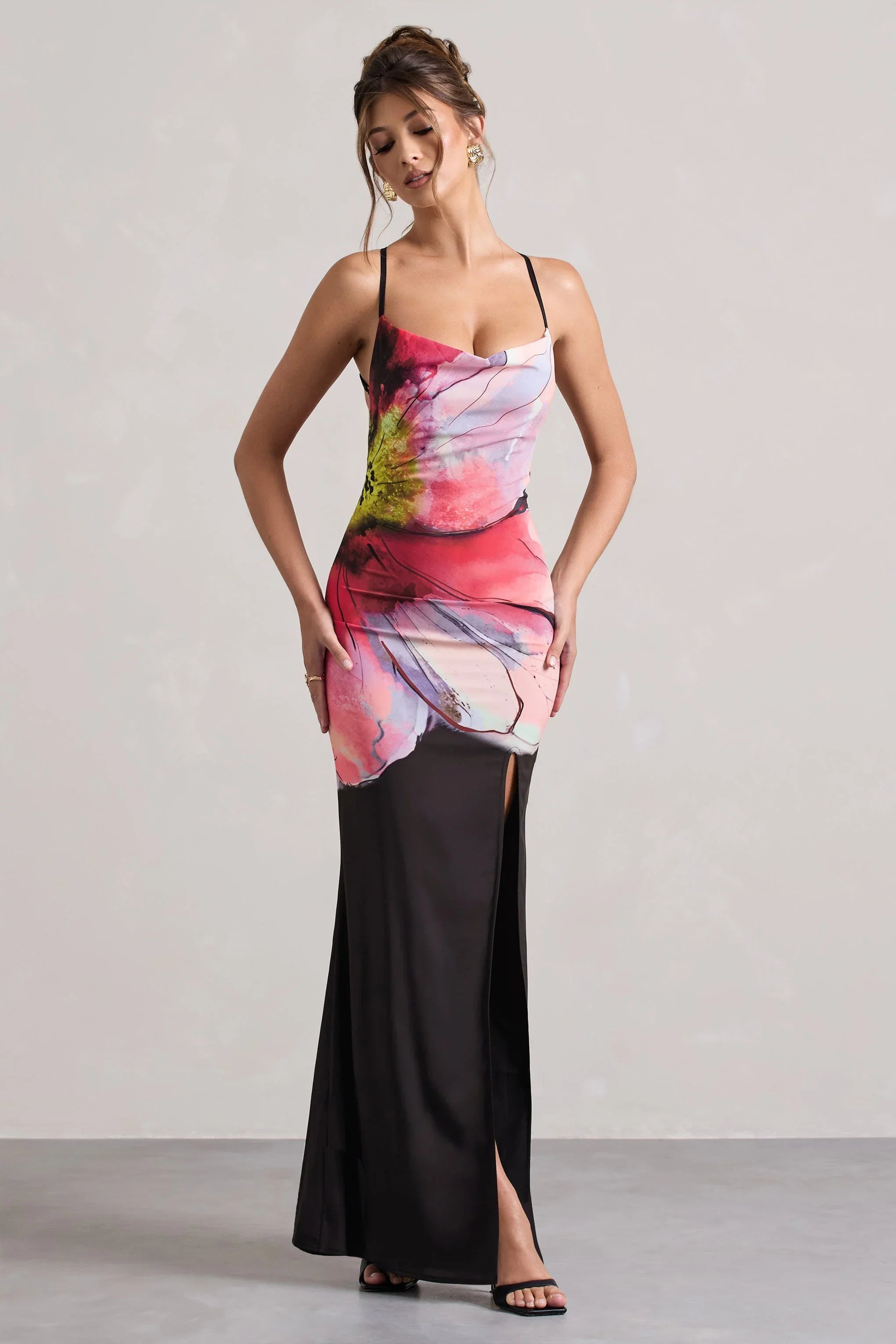 Kali Black Floral Print Cowl Neck Open Back Split Maxi Dress