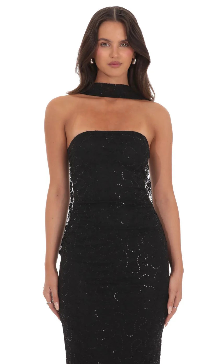 Sequin Scarf Lace Maxi Dress in Black